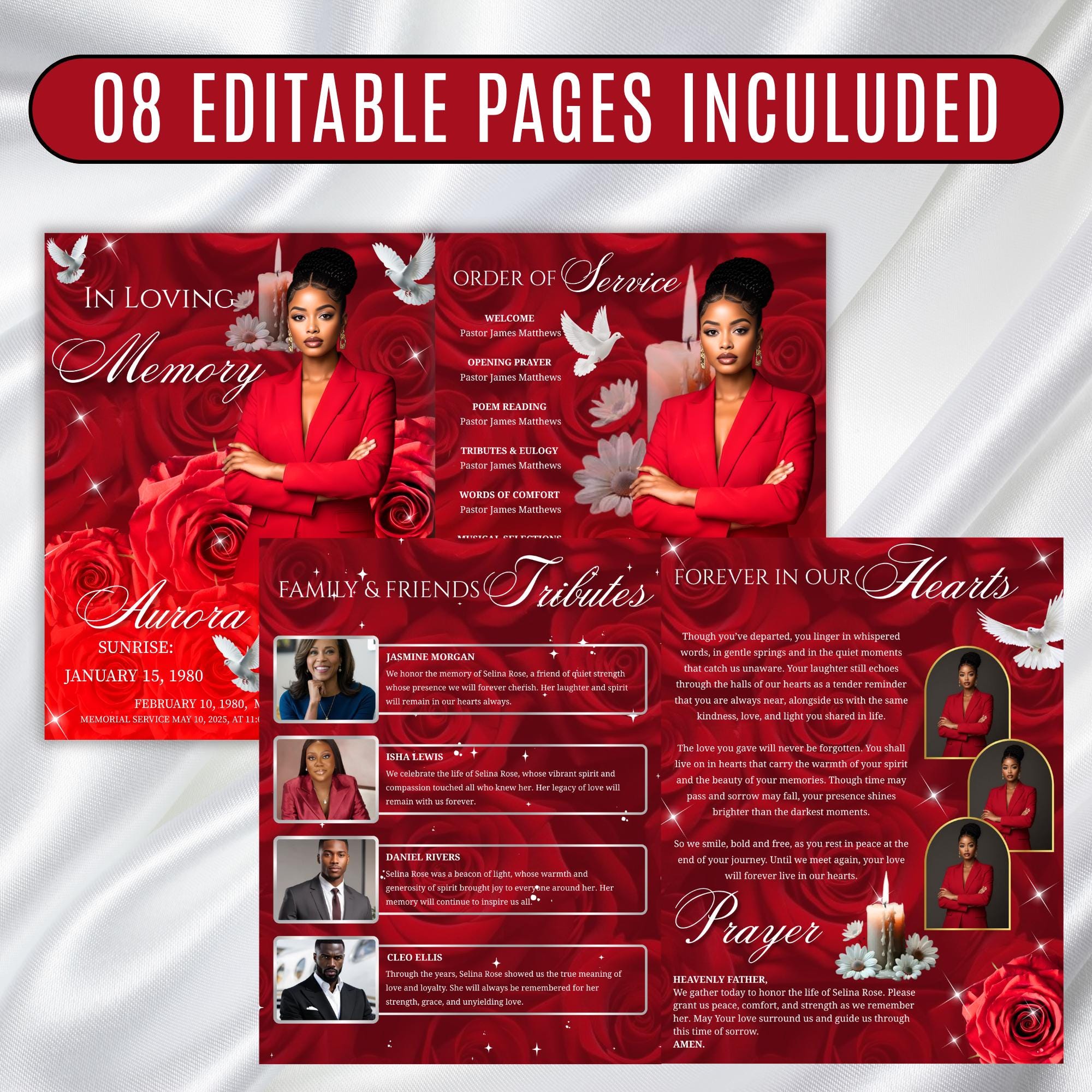 08 Pages Memorial Red Roses Funeral Program Template, Editable Bifold 8.5x11” Design, Obituary Celebration Of Life Program, Digital Download - Editable Memorial Canva Template