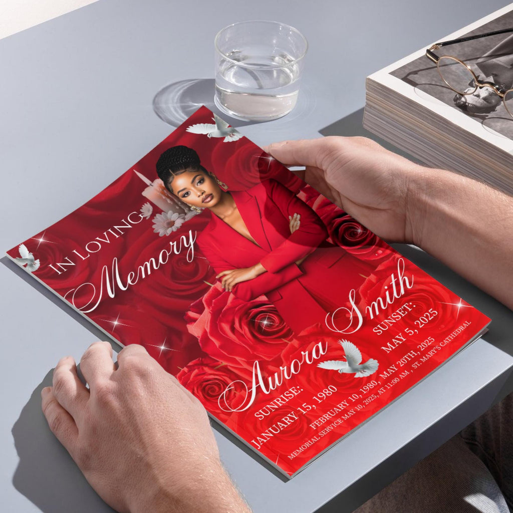 08 Pages Memorial Red Roses Funeral Program Template, Editable Bifold 8.5x11” Design, Obituary Celebration Of Life Program, Digital Download - Editable Memorial Canva Template