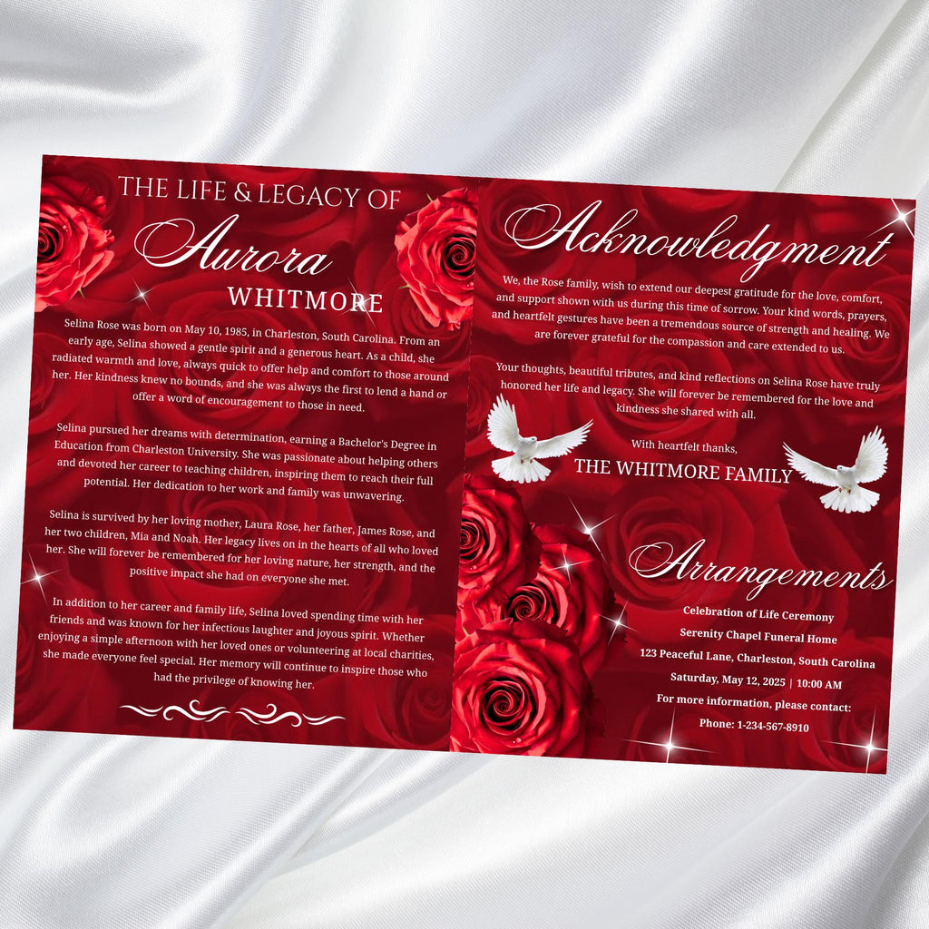 08 Pages Memorial Red Roses Funeral Program Template, Editable Bifold 8.5x11” Design, Obituary Celebration Of Life Program, Digital Download - Editable Memorial Canva Template