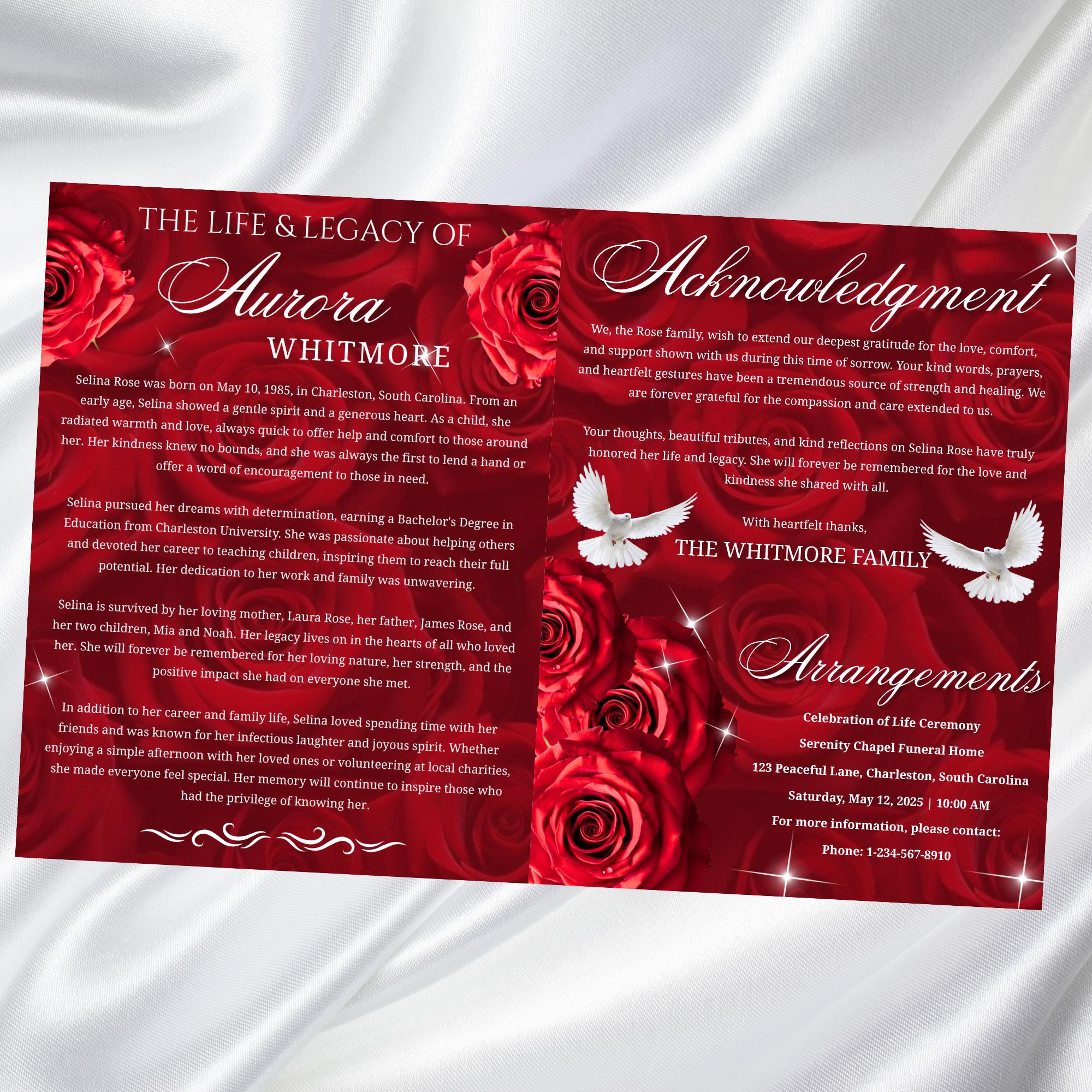 08 Pages Memorial Red Roses Funeral Program Template, Editable Bifold 8.5x11” Design, Obituary Celebration Of Life Program, Digital Download - Editable Memorial Canva Template