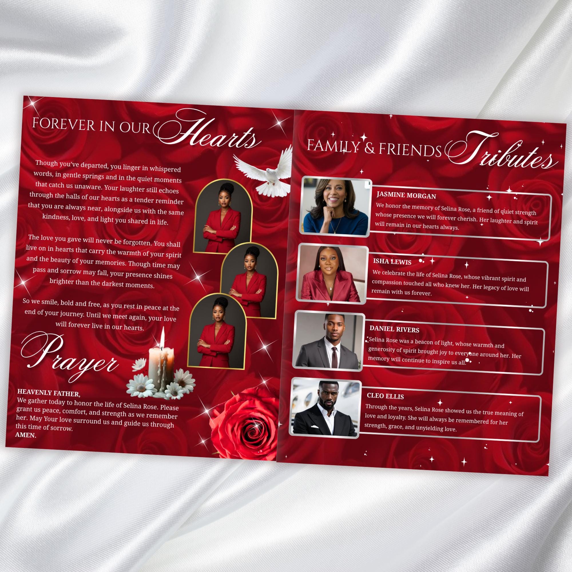 08 Pages Memorial Red Roses Funeral Program Template, Editable Bifold 8.5x11” Design, Obituary Celebration Of Life Program, Digital Download - Editable Memorial Canva Template