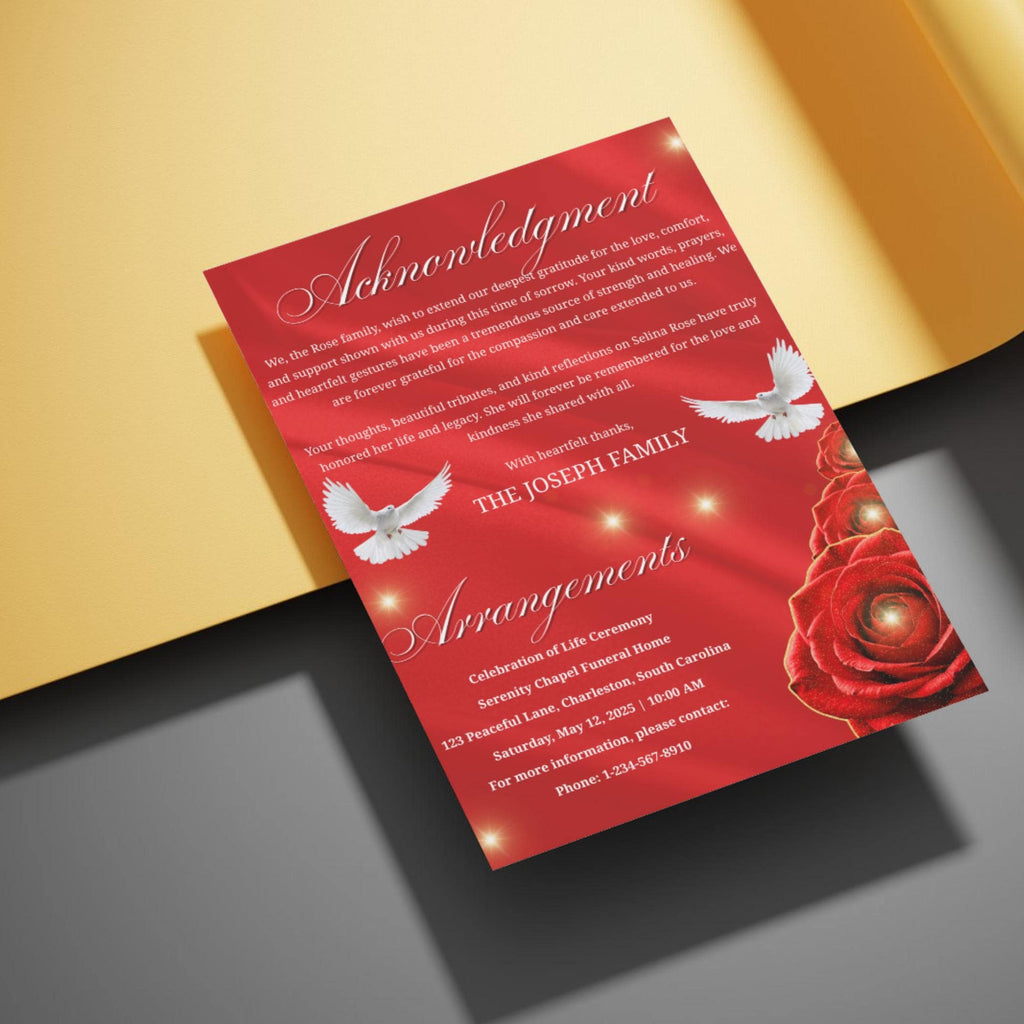 08 Pages Memorial Red Roses Funeral Program Template, Editable Bifold 8.5x11” Design, Obituary Celebration Of Life Program, Digital Download - Editable Memorial Canva Template