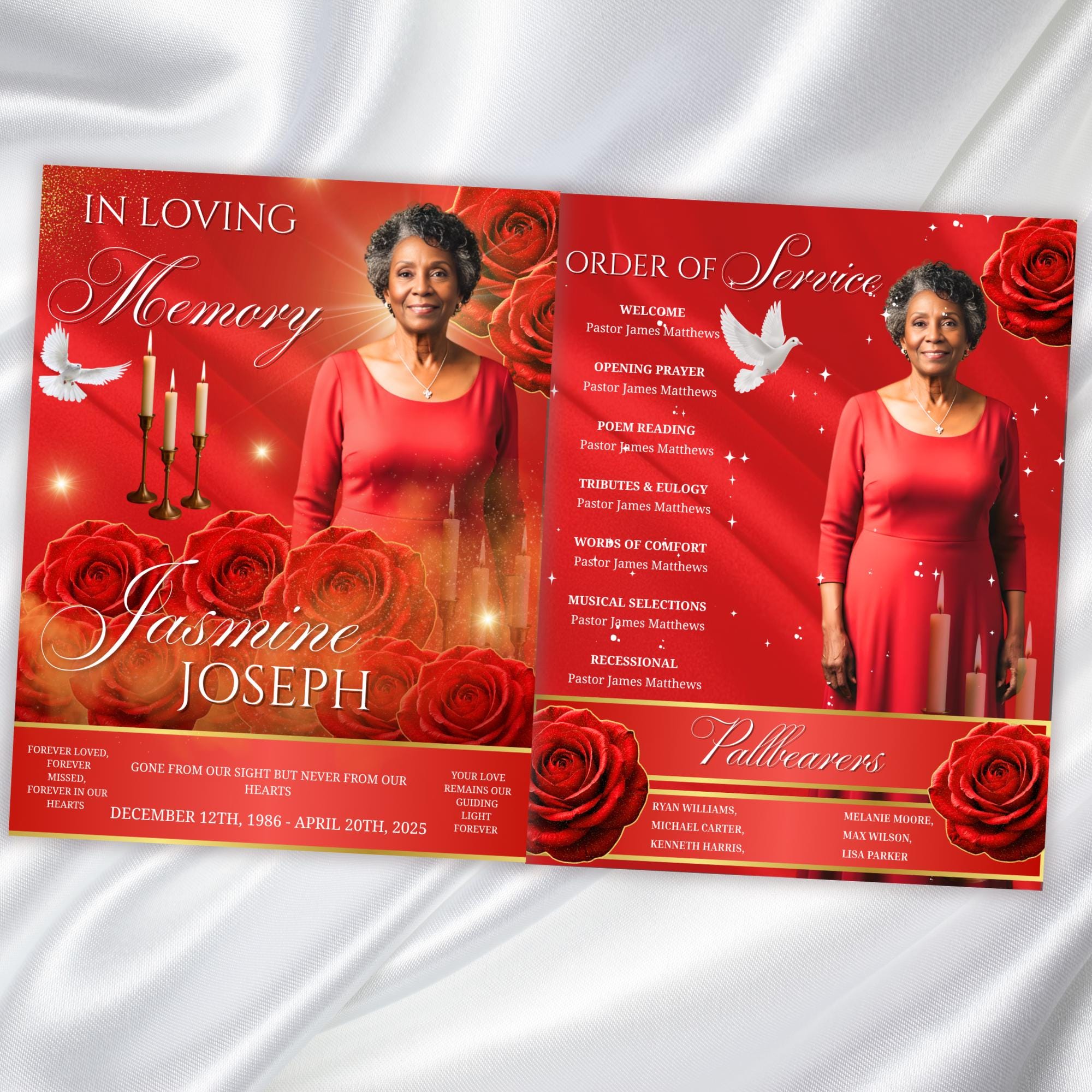 08 Pages Memorial Red Roses Funeral Program Template, Editable Bifold 8.5x11” Design, Obituary Celebration Of Life Program, Digital Download - Editable Memorial Canva Template