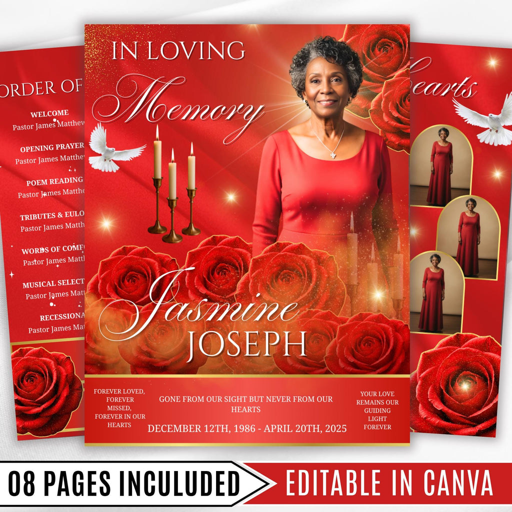 08 Pages Memorial Red Roses Funeral Program Template, Editable Bifold 8.5x11” Design, Obituary Celebration Of Life Program, Digital Download - Editable Memorial Canva Template