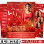 08 Pages Memorial Red Roses Funeral Program Template, Editable Bifold 8.5x11” Design, Obituary Celebration Of Life Program, Digital Download - Editable Memorial Canva Template