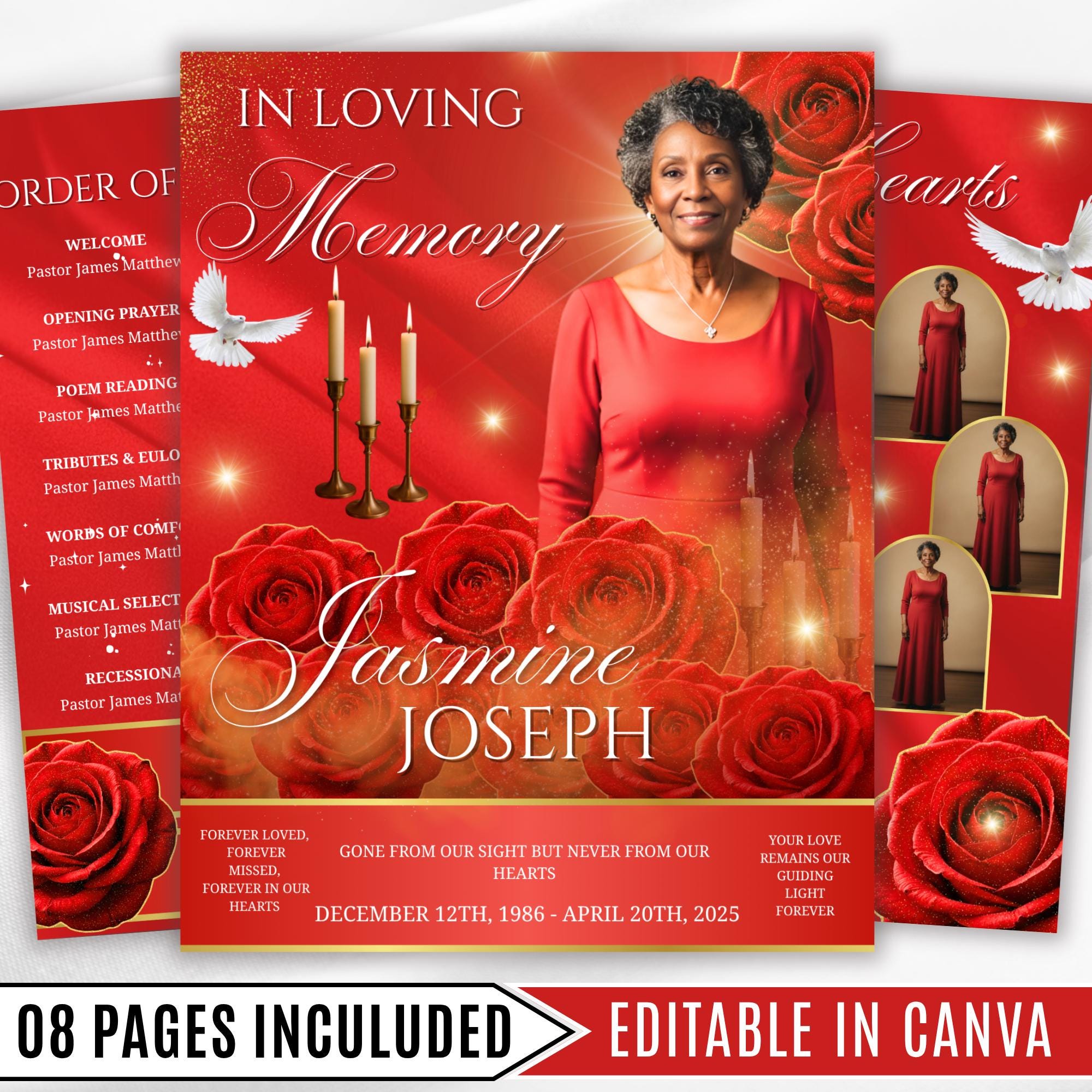 08 Pages Memorial Red Roses Funeral Program Template, Editable Bifold 8.5x11” Design, Obituary Celebration Of Life Program, Digital Download - Editable Memorial Canva Template