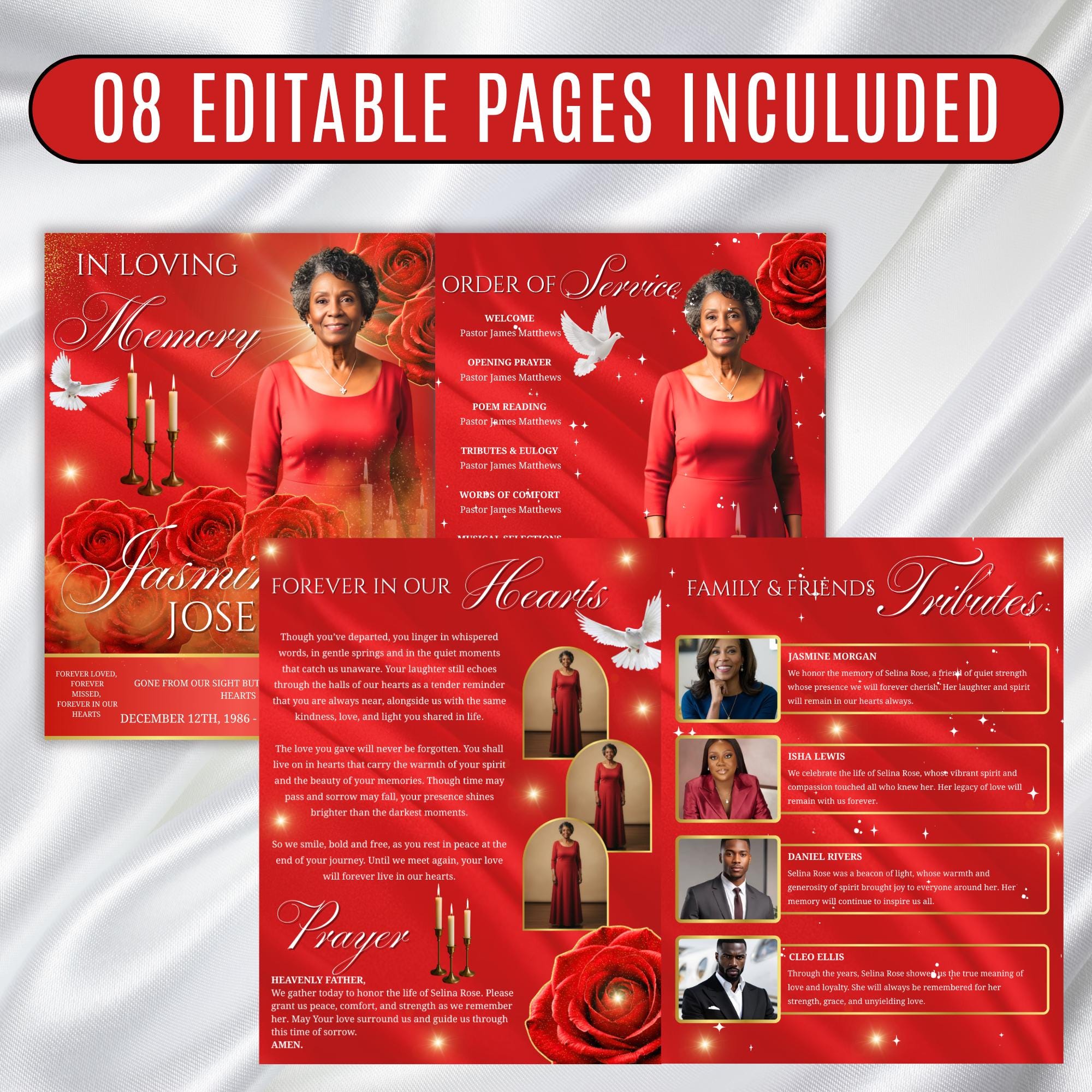 08 Pages Memorial Red Roses Funeral Program Template, Editable Bifold 8.5x11” Design, Obituary Celebration Of Life Program, Digital Download - Editable Memorial Canva Template