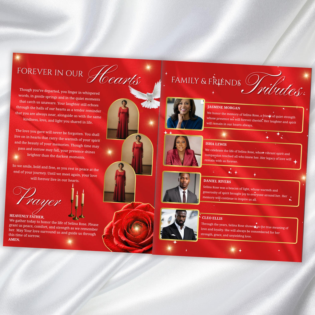 08 Pages Memorial Red Roses Funeral Program Template, Editable Bifold 8.5x11” Design, Obituary Celebration Of Life Program, Digital Download - Editable Memorial Canva Template