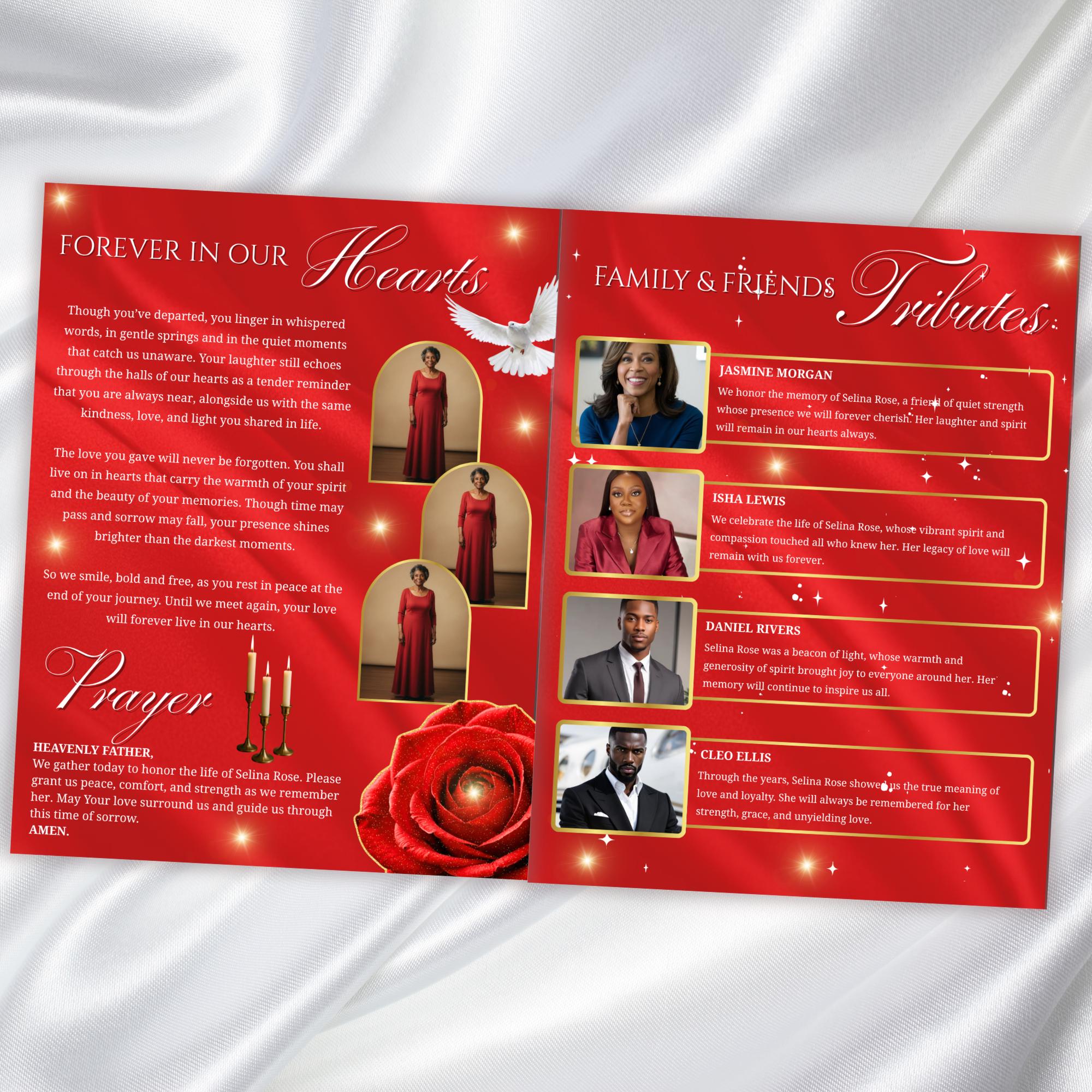 08 Pages Memorial Red Roses Funeral Program Template, Editable Bifold 8.5x11” Design, Obituary Celebration Of Life Program, Digital Download - Editable Memorial Canva Template