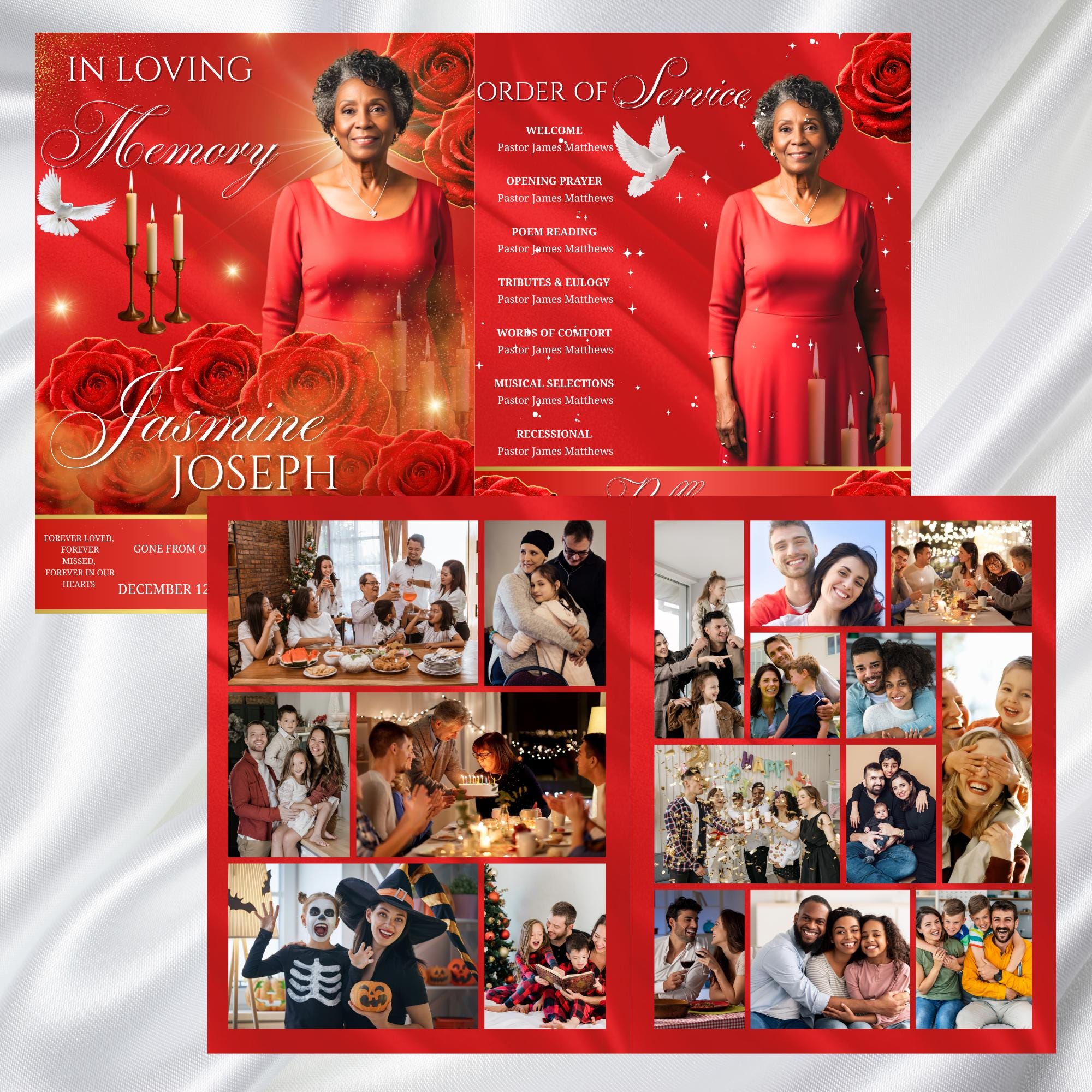 08 Pages Memorial Red Roses Funeral Program Template, Editable Bifold 8.5x11” Design, Obituary Celebration Of Life Program, Digital Download - Editable Memorial Canva Template