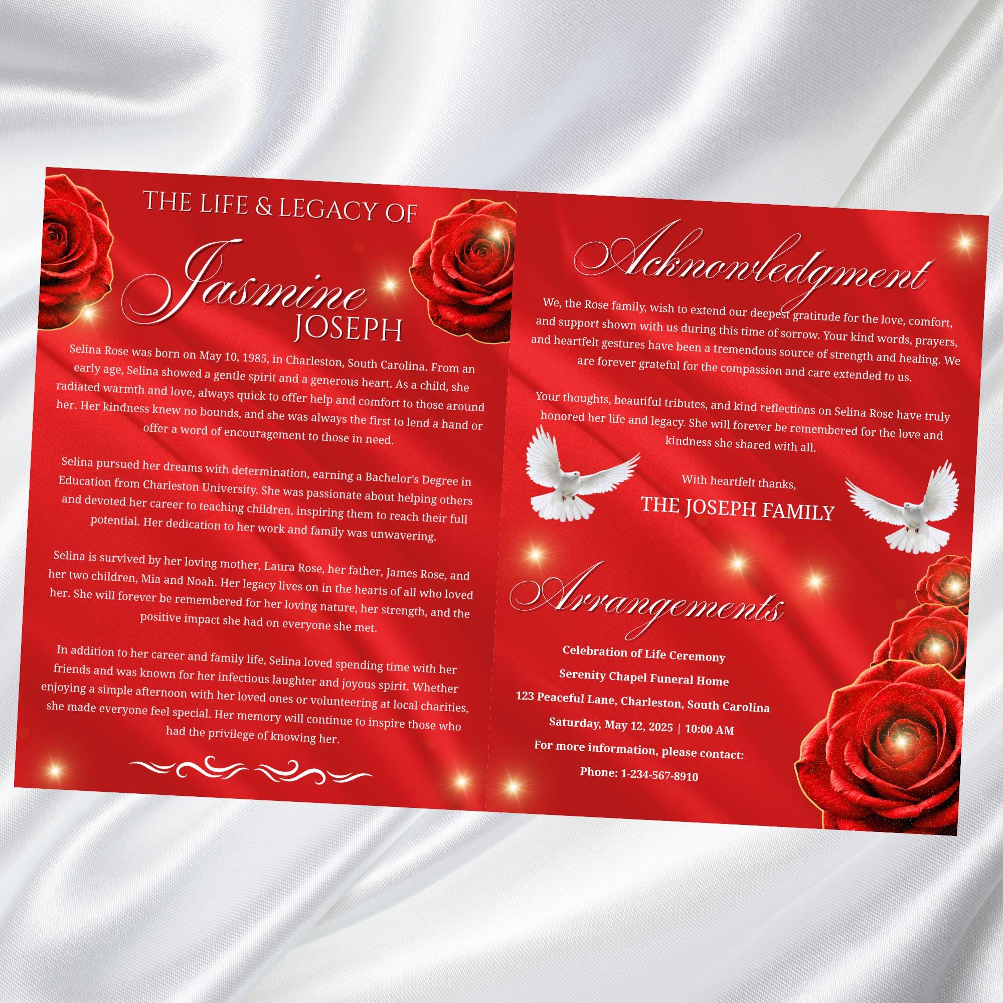 08 Pages Memorial Red Roses Funeral Program Template, Editable Bifold 8.5x11” Design, Obituary Celebration Of Life Program, Digital Download - Editable Memorial Canva Template