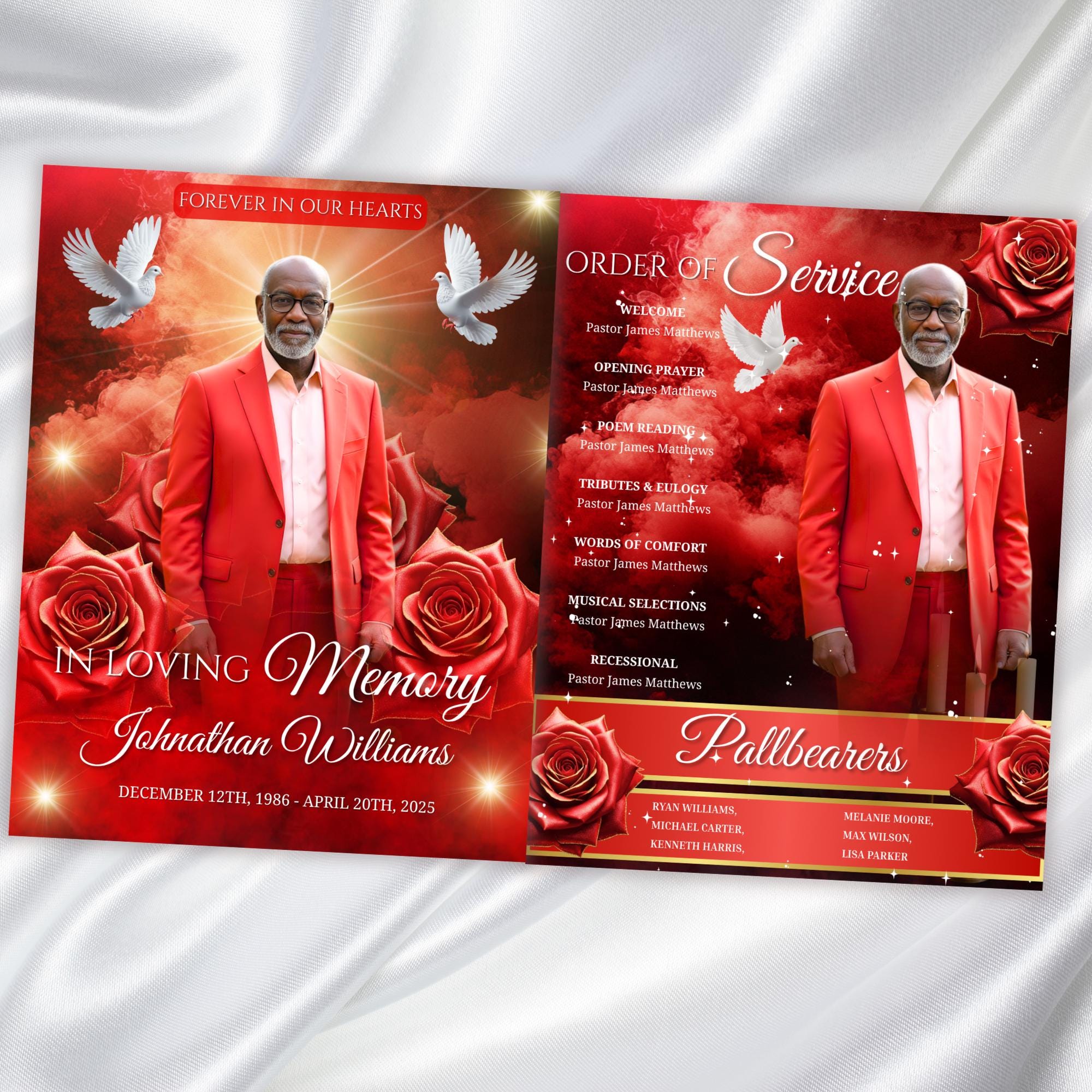 08 Pages Memorial Cloud Red Roses Funeral Program Template, Editable Bifold 8.5x11” Design, Obituary Celebration Of Life, Digital Download - Editable Memorial Canva Template
