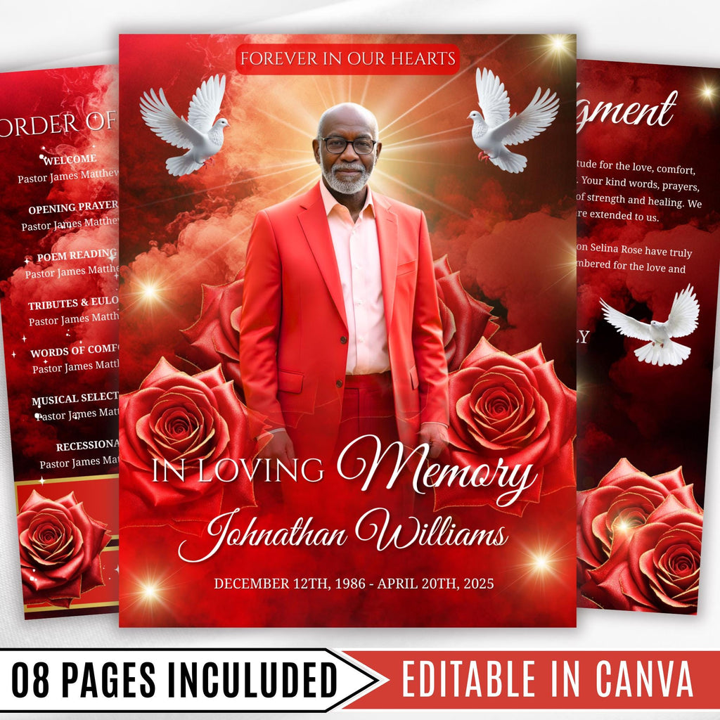 08 Pages Memorial Cloud Red Roses Funeral Program Template, Editable Bifold 8.5x11” Design, Obituary Celebration Of Life, Digital Download - Editable Memorial Canva Template