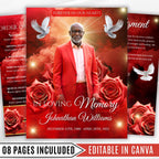 08 Pages Memorial Cloud Red Roses Funeral Program Template, Editable Bifold 8.5x11” Design, Obituary Celebration Of Life, Digital Download - Editable Memorial Canva Template