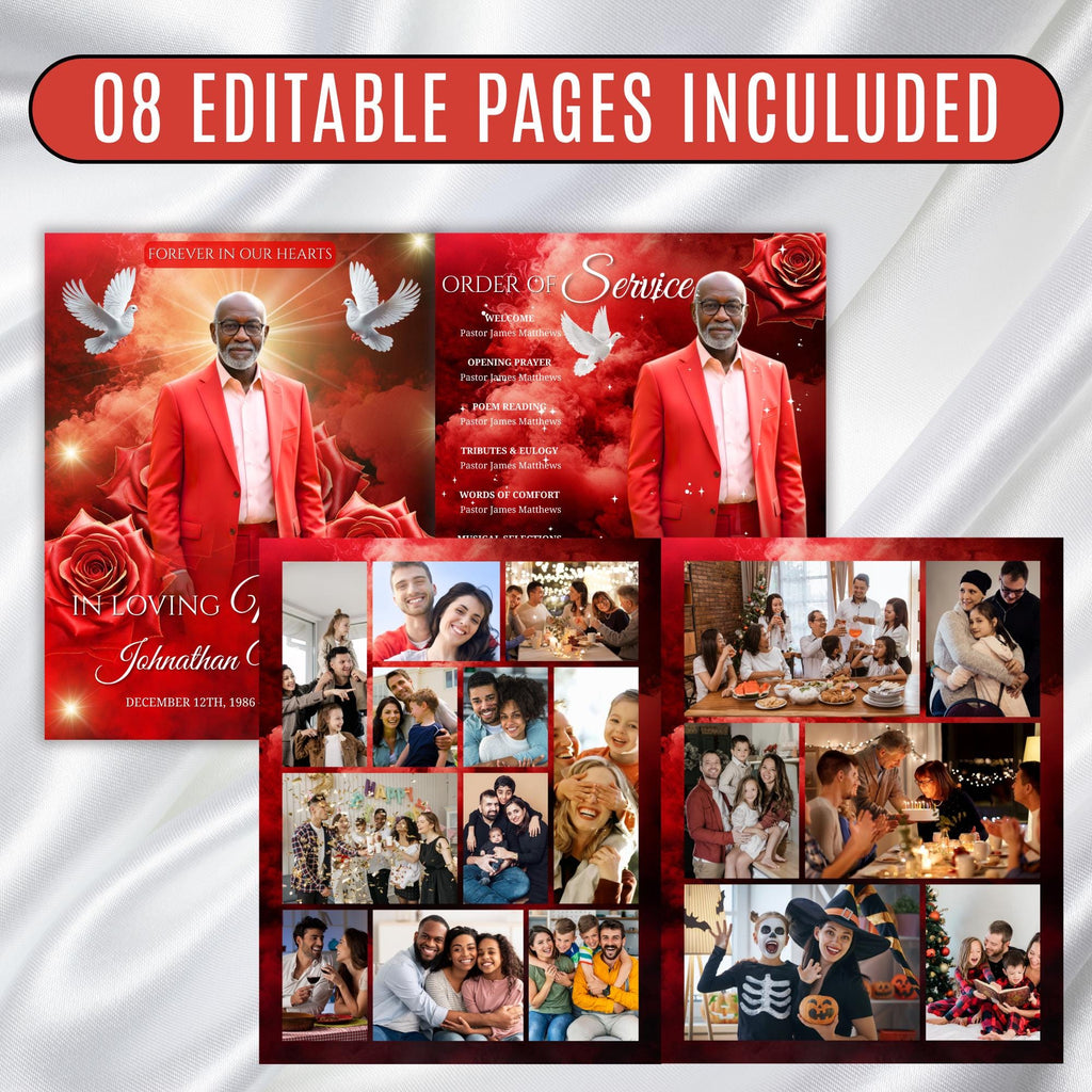 08 Pages Memorial Cloud Red Roses Funeral Program Template, Editable Bifold 8.5x11” Design, Obituary Celebration Of Life, Digital Download - Editable Memorial Canva Template
