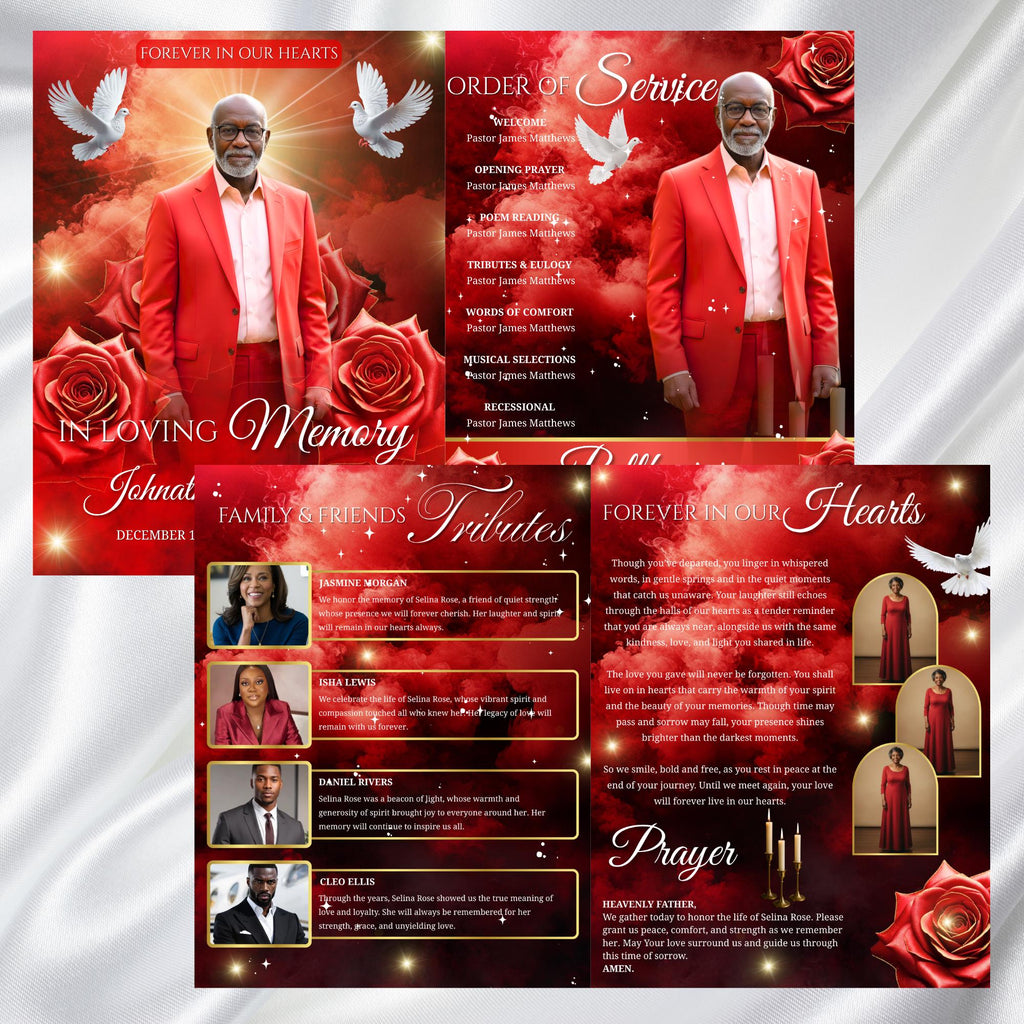 08 Pages Memorial Cloud Red Roses Funeral Program Template, Editable Bifold 8.5x11” Design, Obituary Celebration Of Life, Digital Download - Editable Memorial Canva Template