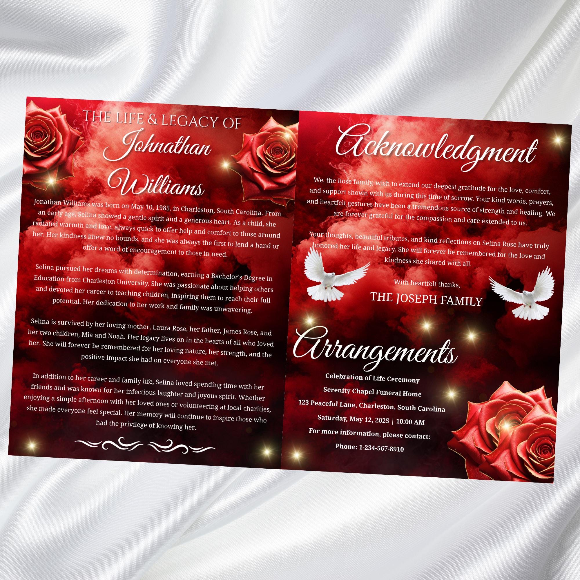 08 Pages Memorial Cloud Red Roses Funeral Program Template, Editable Bifold 8.5x11” Design, Obituary Celebration Of Life, Digital Download - Editable Memorial Canva Template