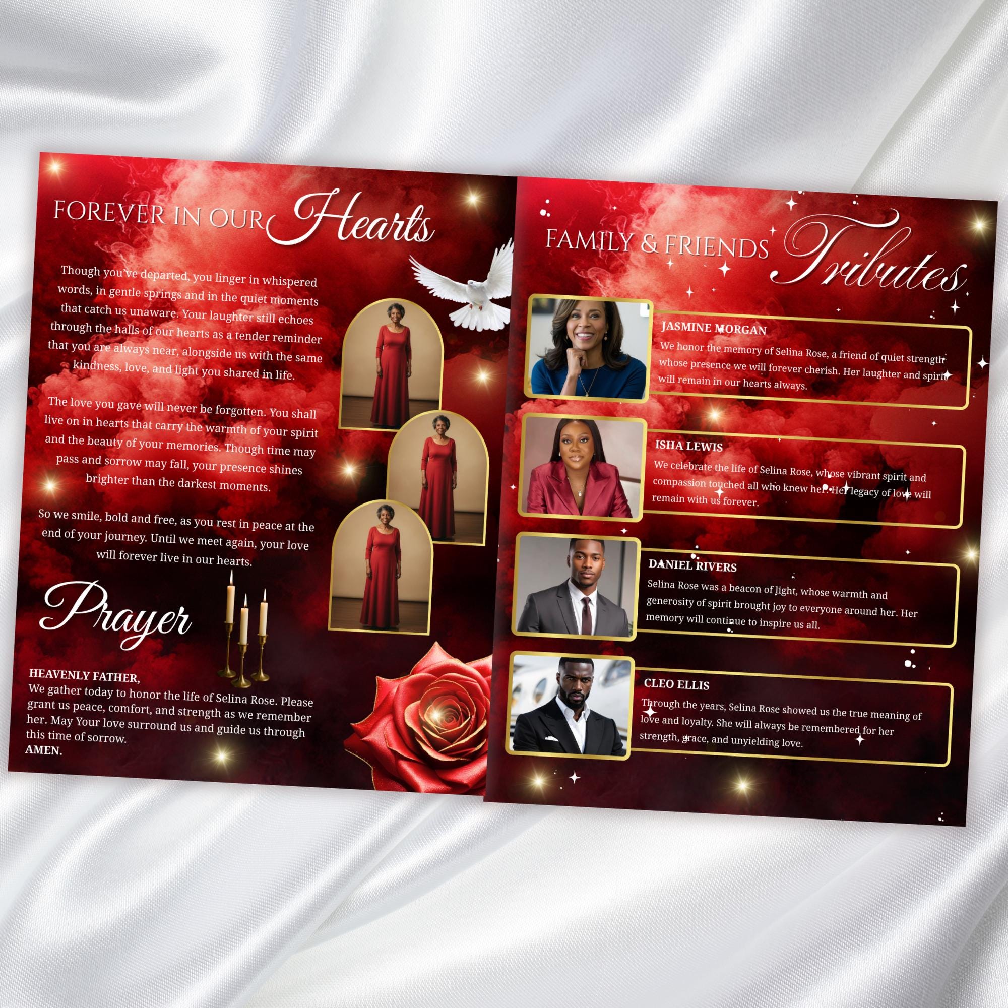 08 Pages Memorial Cloud Red Roses Funeral Program Template, Editable Bifold 8.5x11” Design, Obituary Celebration Of Life, Digital Download - Editable Memorial Canva Template