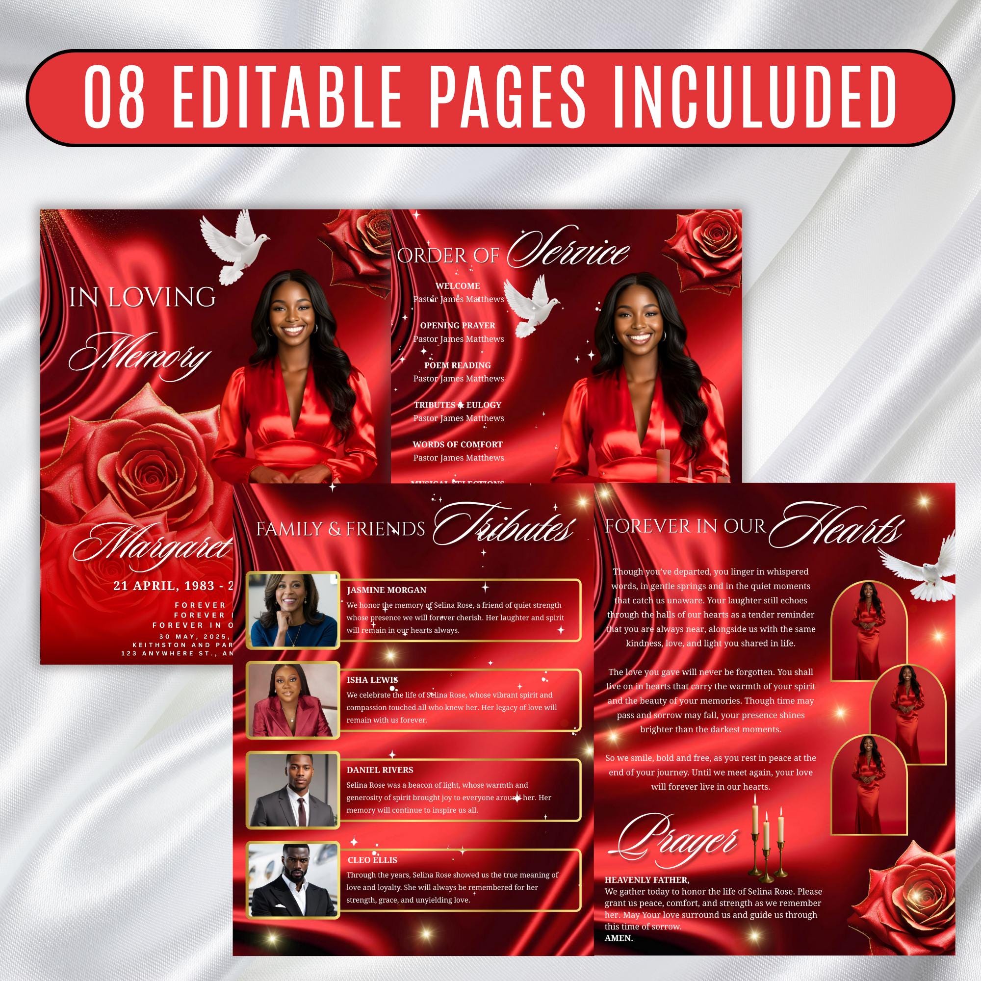 08 Pages Red Roses Lightning Funeral Program Template, Editable Bifold 8.5x11”Design, Obituary Celebration Of Life Program, Digital Download - Editable Memorial Canva Template