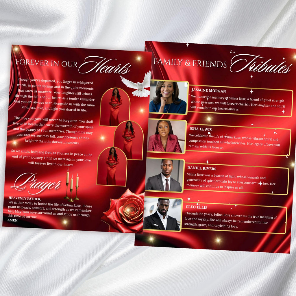 08 Pages Red Roses Lightning Funeral Program Template, Editable Bifold 8.5x11”Design, Obituary Celebration Of Life Program, Digital Download - Editable Memorial Canva Template