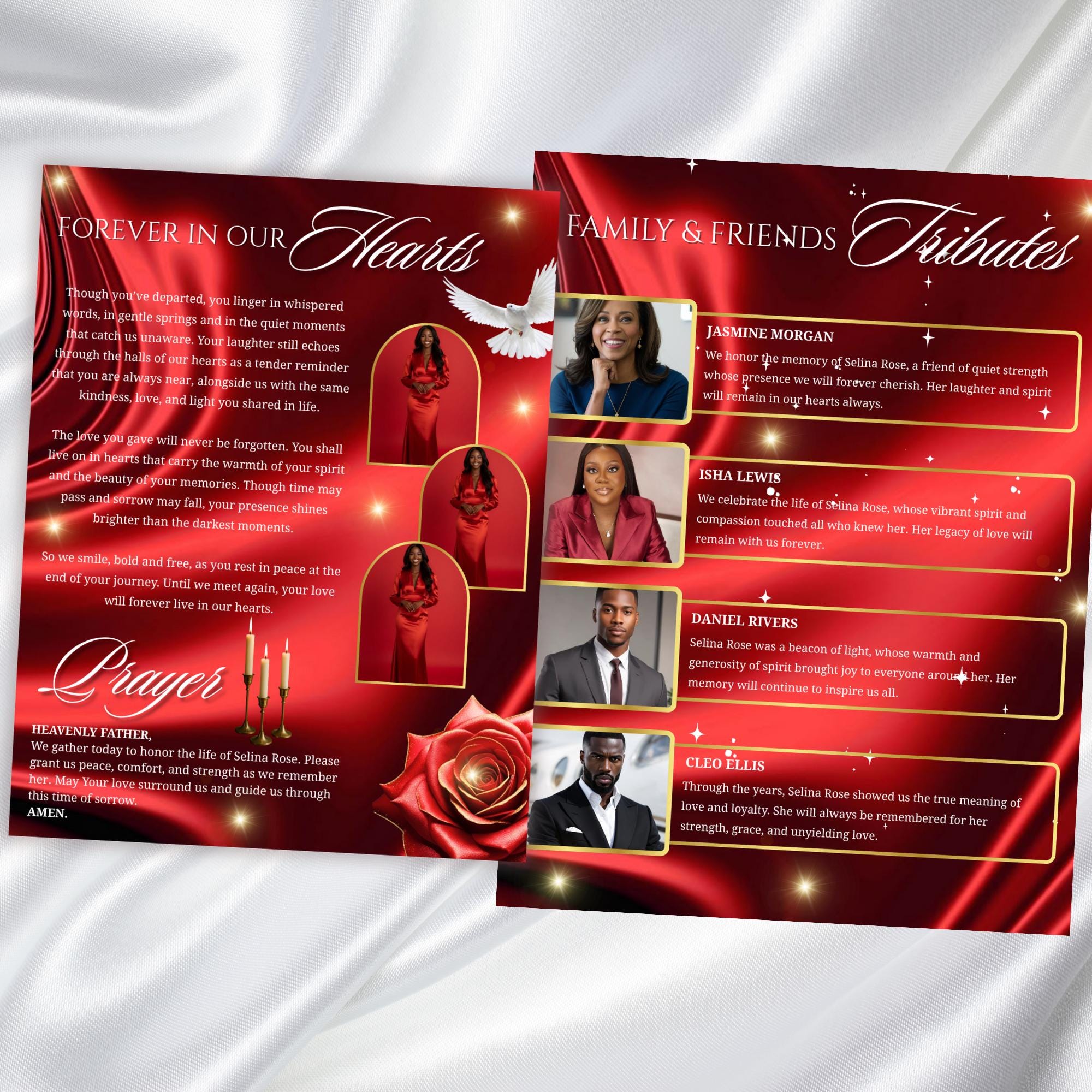 08 Pages Red Roses Lightning Funeral Program Template, Editable Bifold 8.5x11”Design, Obituary Celebration Of Life Program, Digital Download - Editable Memorial Canva Template