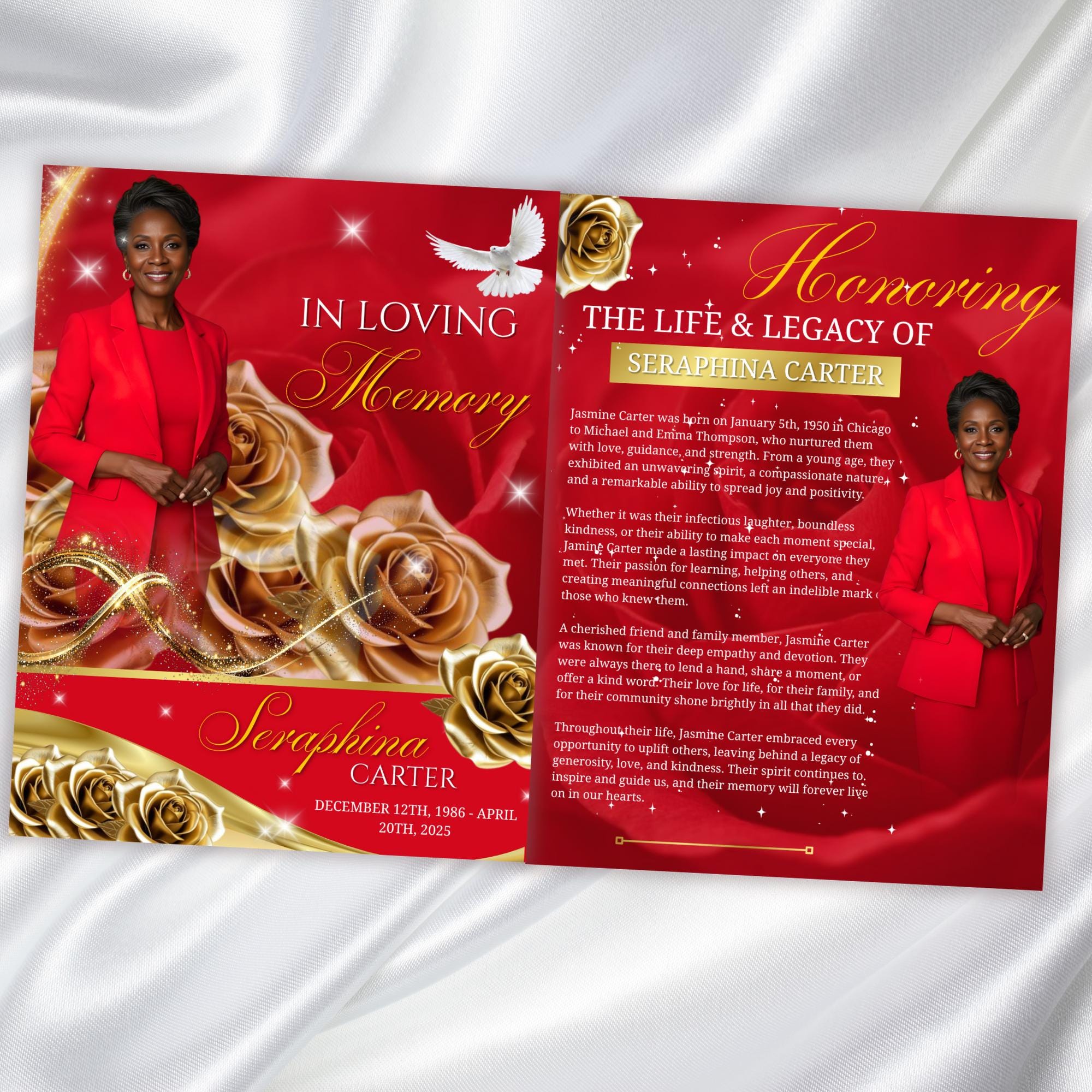 08 Pages Red and Golden Roses Funeral Program Template, Editable Bifold 8.5x11”Design, Obituary Celebration Of Life Program,Digital Download - Editable Memorial Canva Template