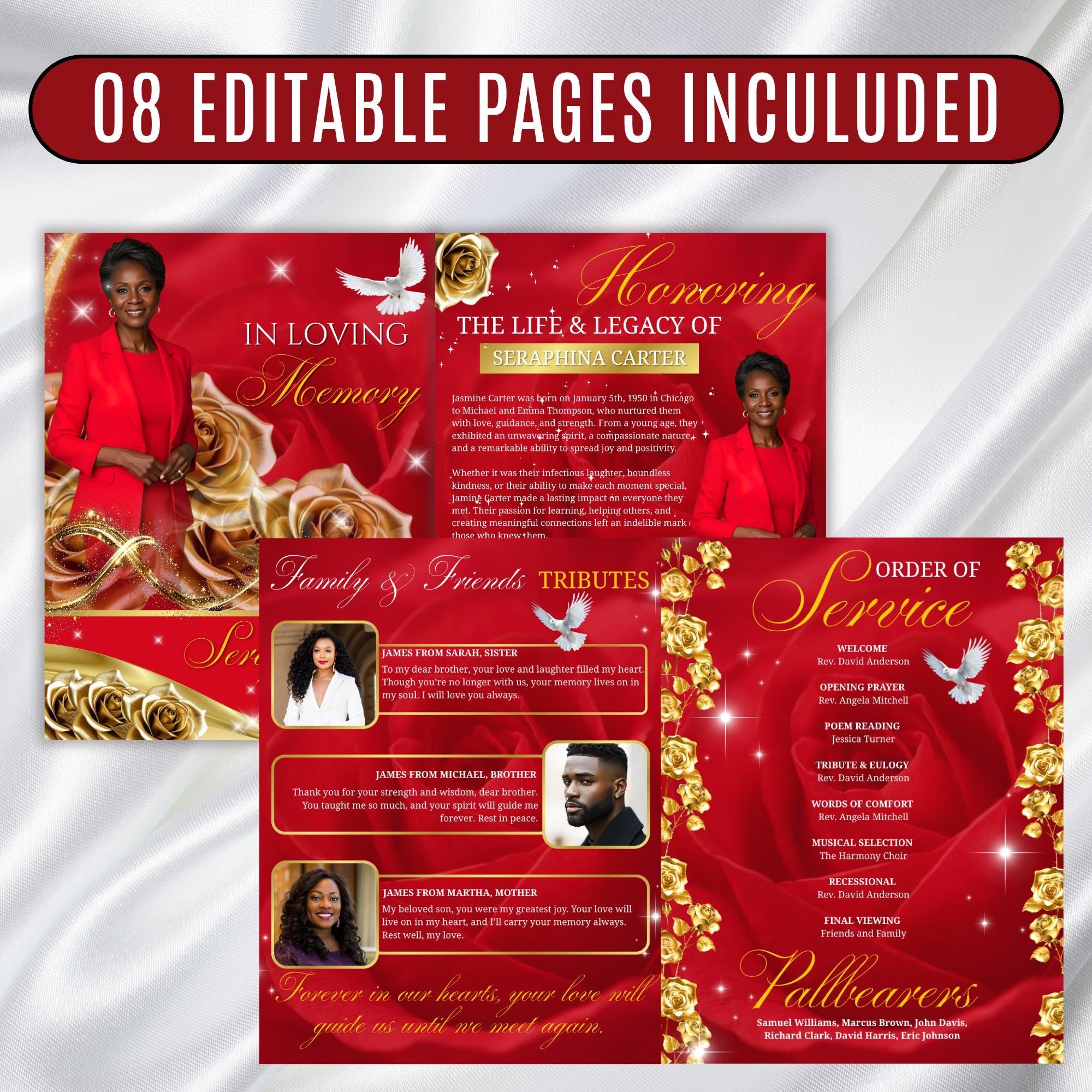 08 Pages Red and Golden Roses Funeral Program Template, Editable Bifold 8.5x11”Design, Obituary Celebration Of Life Program,Digital Download - Editable Memorial Canva Template