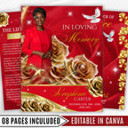 08 Pages Red and Golden Roses Funeral Program Template, Editable Bifold 8.5x11”Design, Obituary Celebration Of Life Program,Digital Download - Editable Memorial Canva Template