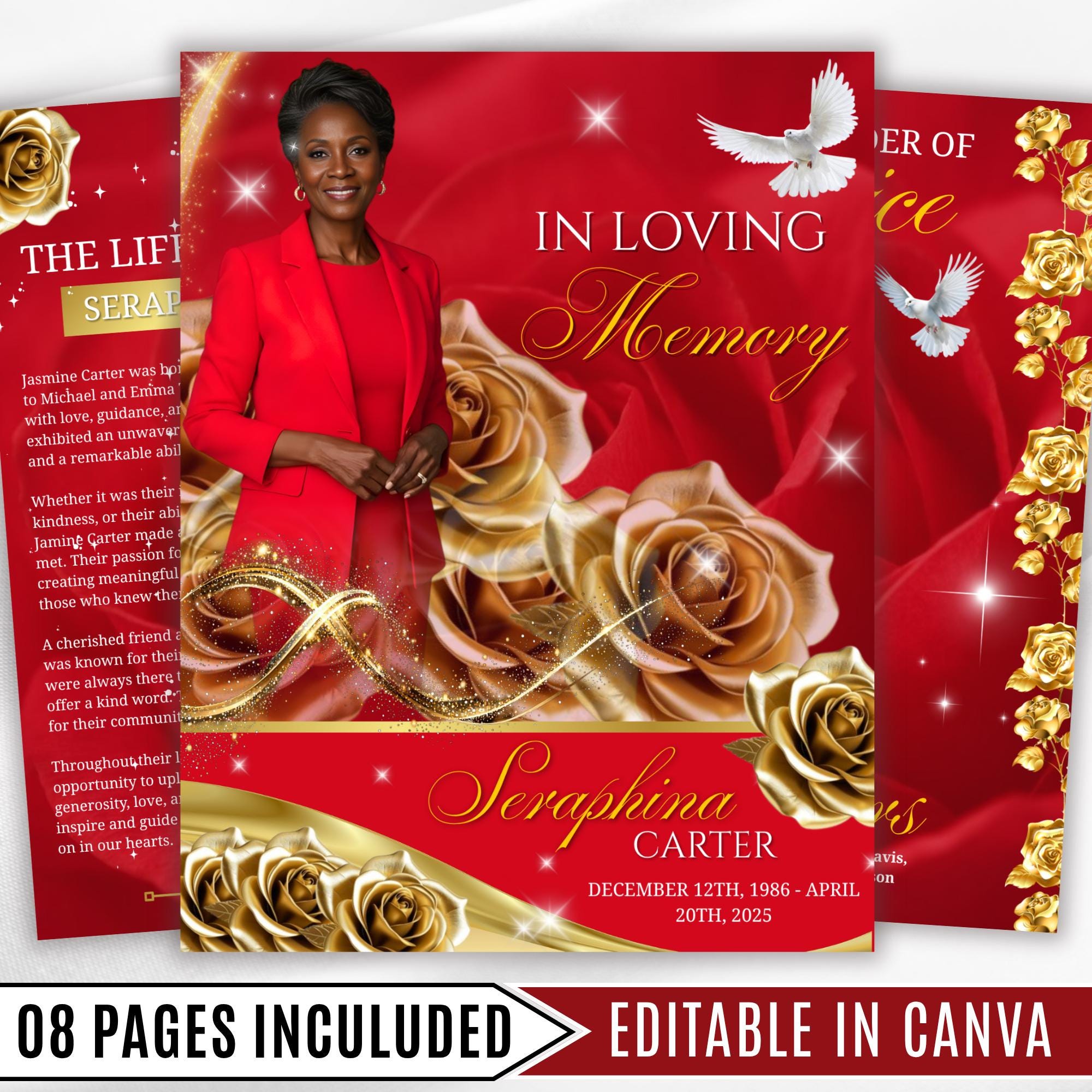 08 Pages Red and Golden Roses Funeral Program Template, Editable Bifold 8.5x11”Design, Obituary Celebration Of Life Program,Digital Download - Editable Memorial Canva Template