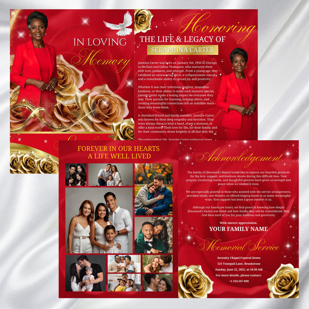 08 Pages Red and Golden Roses Funeral Program Template, Editable Bifold 8.5x11”Design, Obituary Celebration Of Life Program,Digital Download - Editable Memorial Canva Template