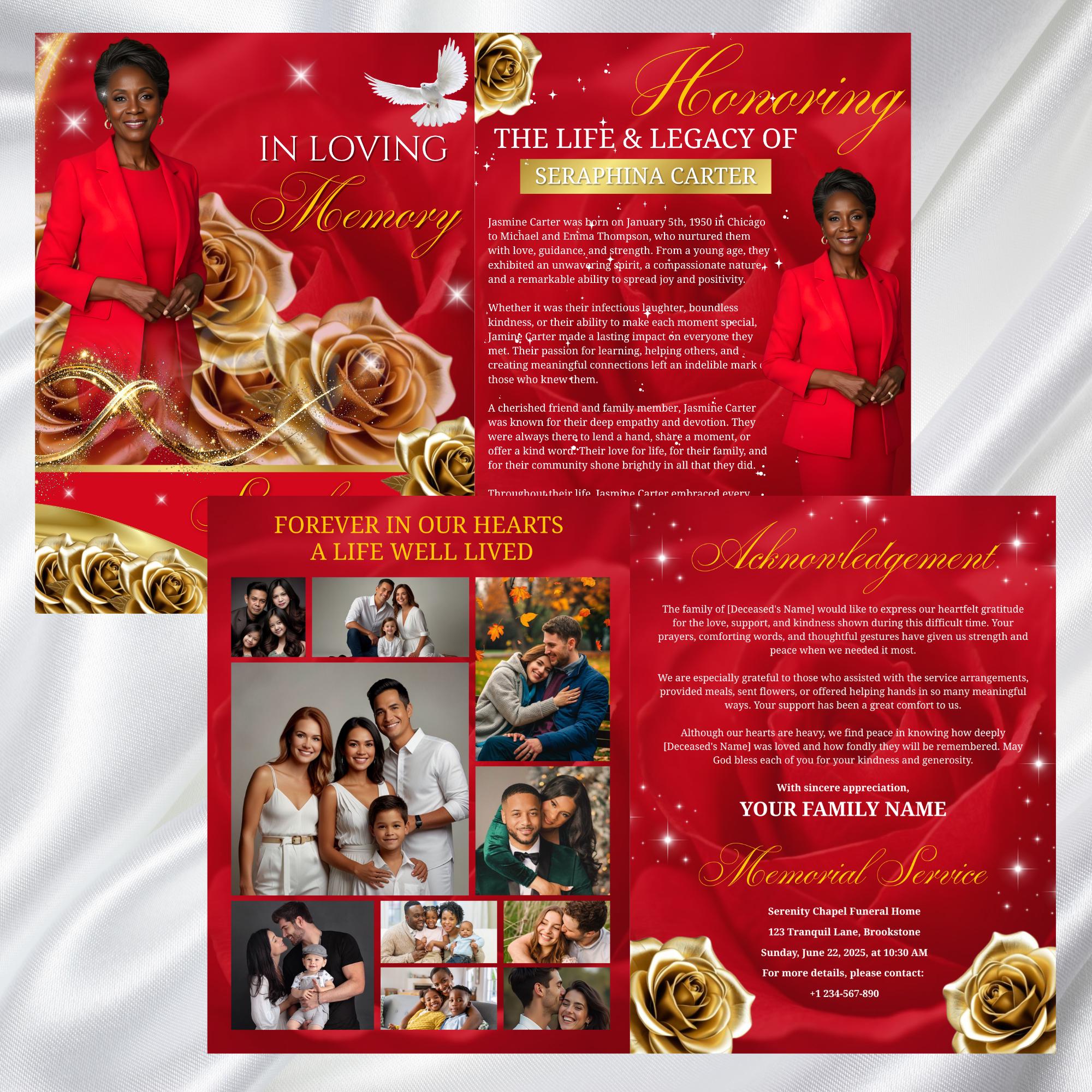 08 Pages Red and Golden Roses Funeral Program Template, Editable Bifold 8.5x11”Design, Obituary Celebration Of Life Program,Digital Download - Editable Memorial Canva Template