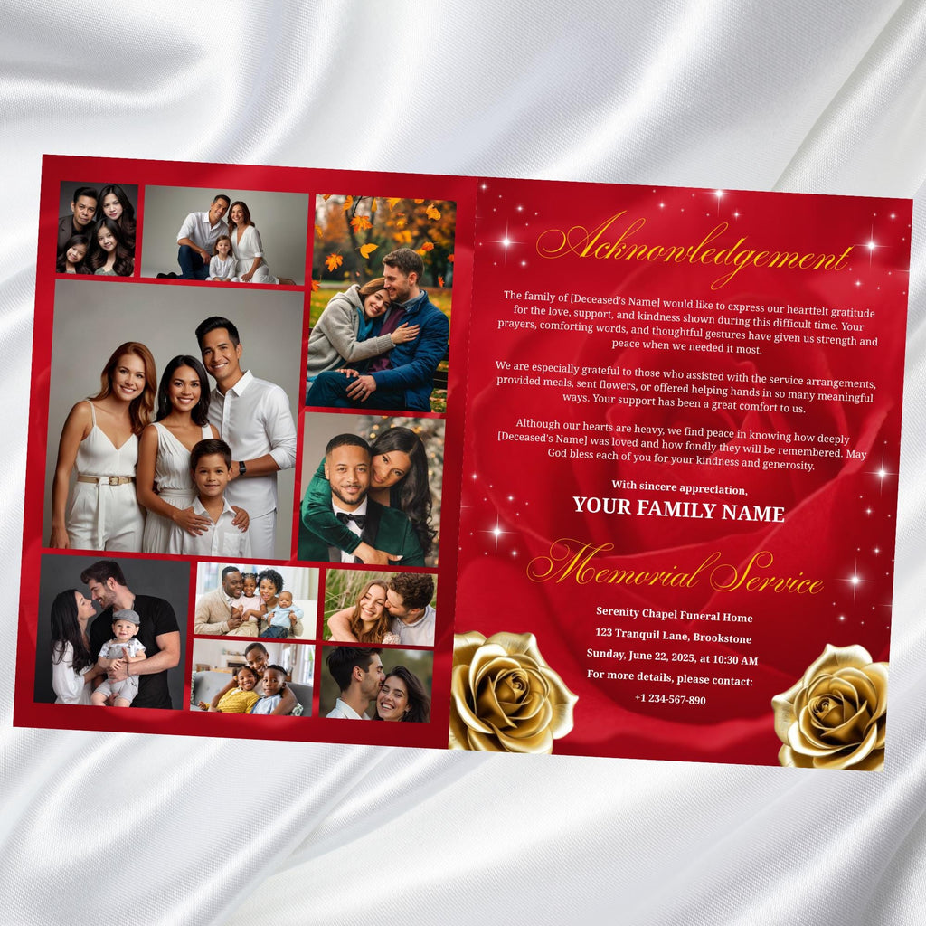 08 Pages Red and Golden Roses Funeral Program Template, Editable Bifold 8.5x11”Design, Obituary Celebration Of Life Program,Digital Download - Editable Memorial Canva Template