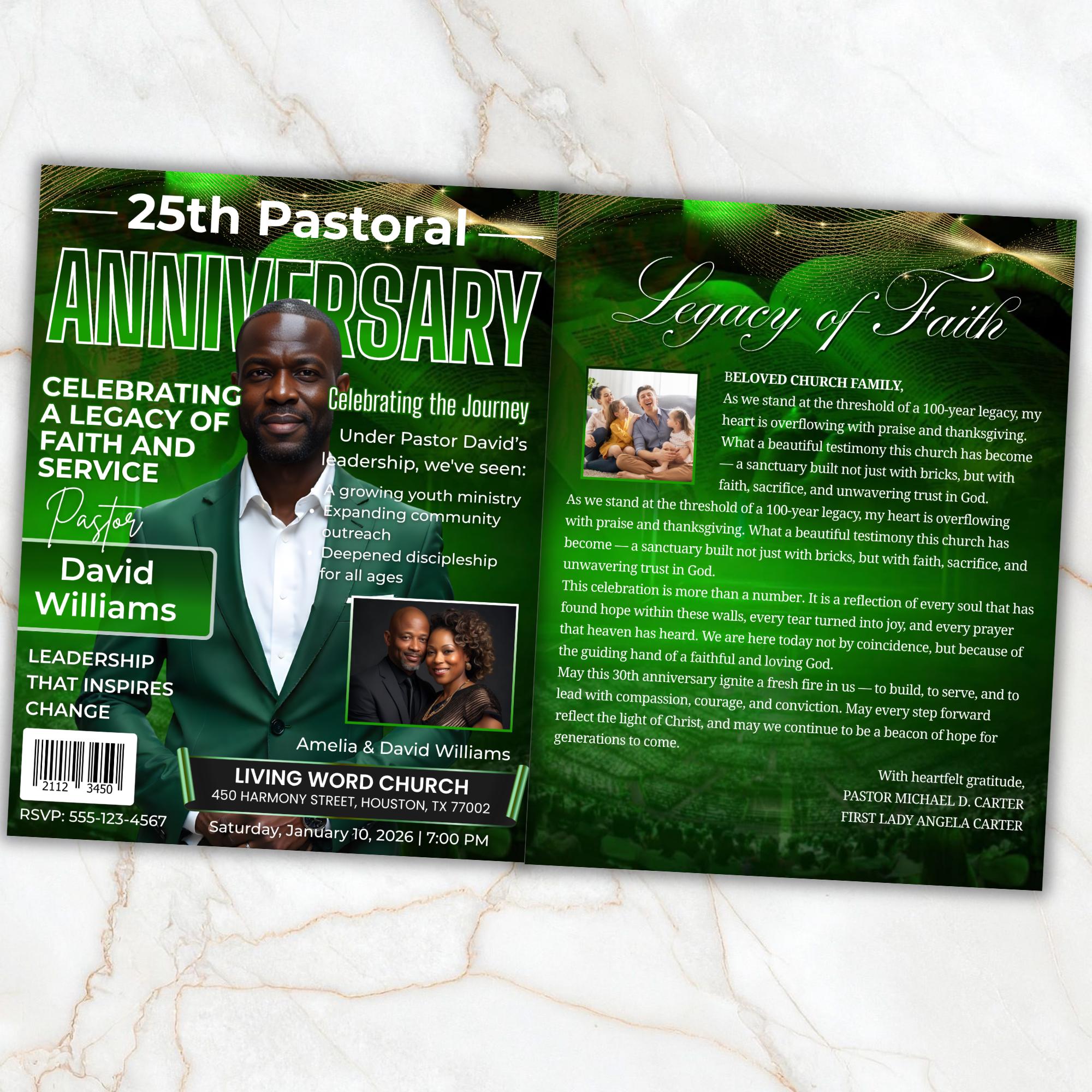 04 Green Church Anniversary Program Template, Editable Bifold 8.5x11” Design, Church Appreciation Program, Anniversary & Faith Celebration - Editable Memorial Canva Template