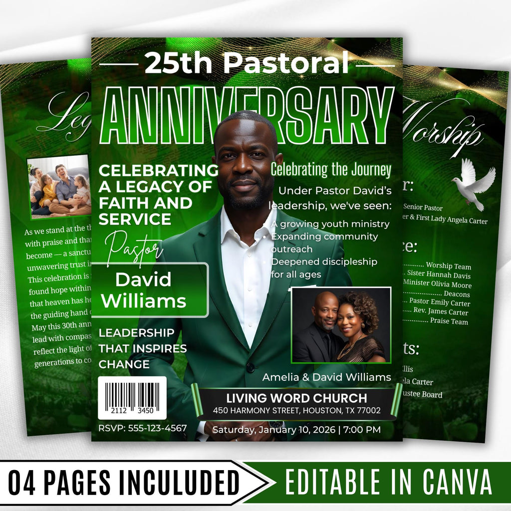 04 Green Church Anniversary Program Template, Editable Bifold 8.5x11” Design, Church Appreciation Program, Anniversary & Faith Celebration - Editable Memorial Canva Template