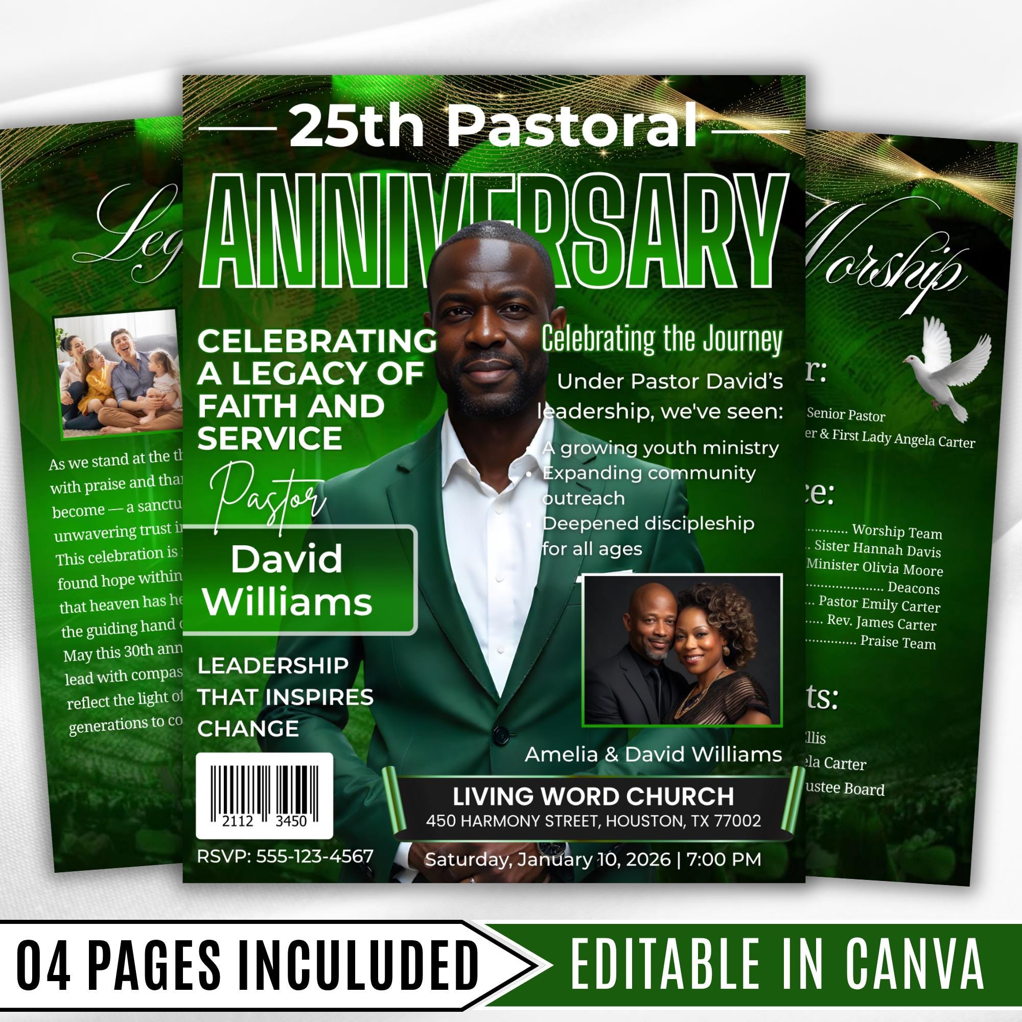 04 Green Church Anniversary Program Template, Editable Bifold 8.5x11” Design, Church Appreciation Program, Anniversary & Faith Celebration - Editable Memorial Canva Template