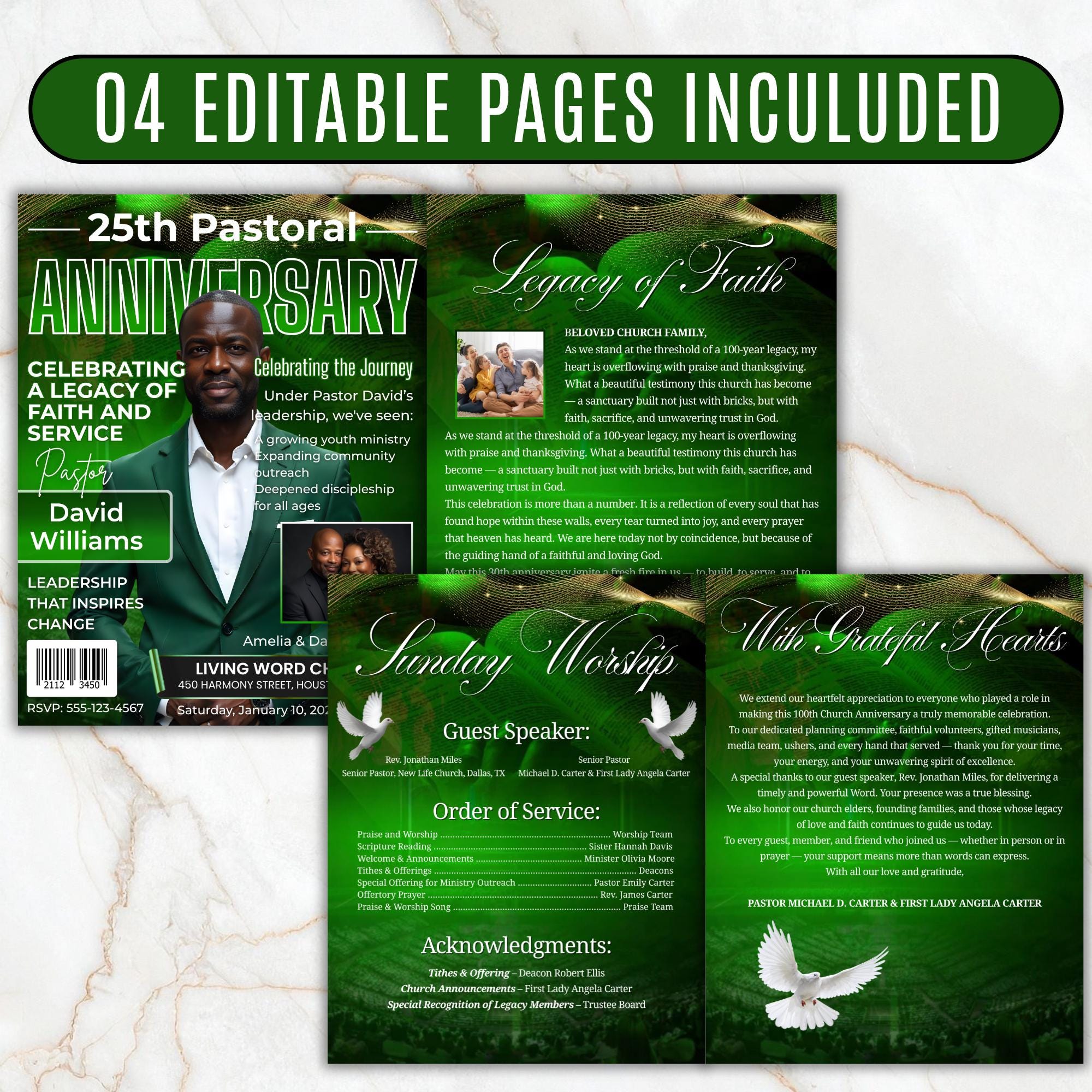 04 Green Church Anniversary Program Template, Editable Bifold 8.5x11” Design, Church Appreciation Program, Anniversary & Faith Celebration - Editable Memorial Canva Template