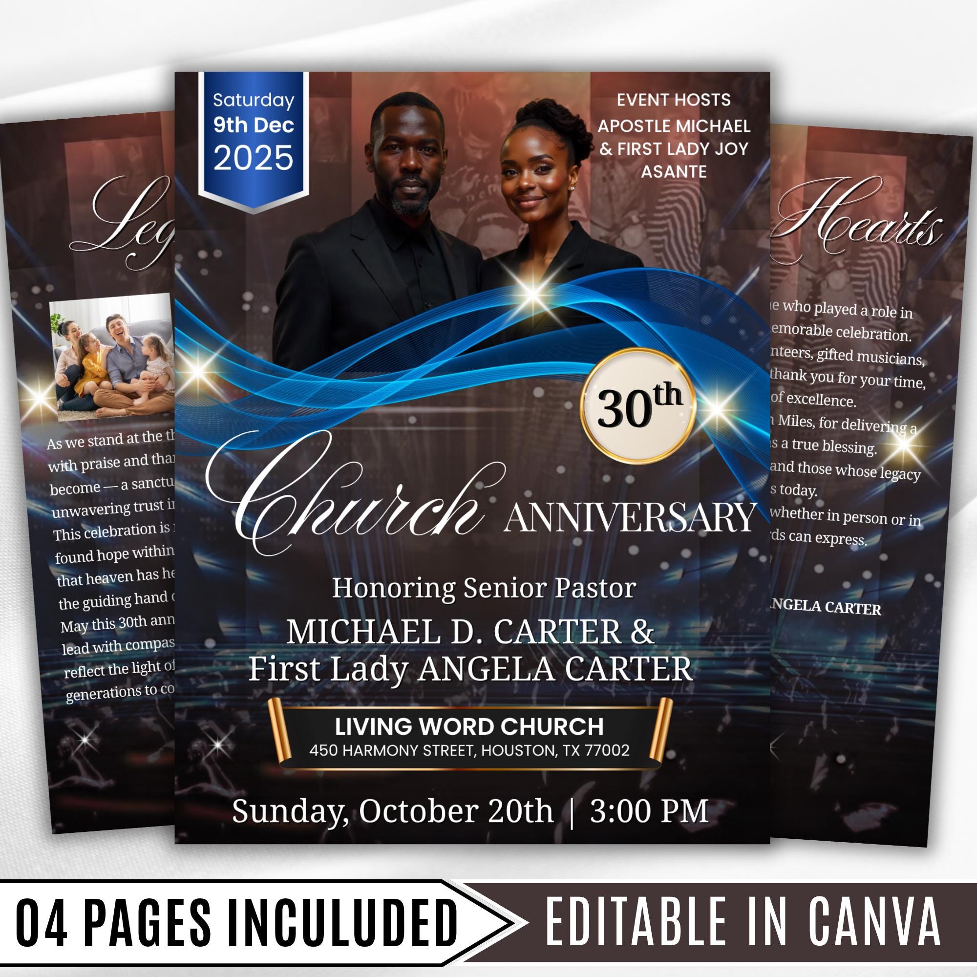 30th Black Church Anniversary Program Template, Editable Bifold 8.5x11” Design, Church Appreciation Program, Anniversary & Faith Celebration - Editable Memorial Canva Template