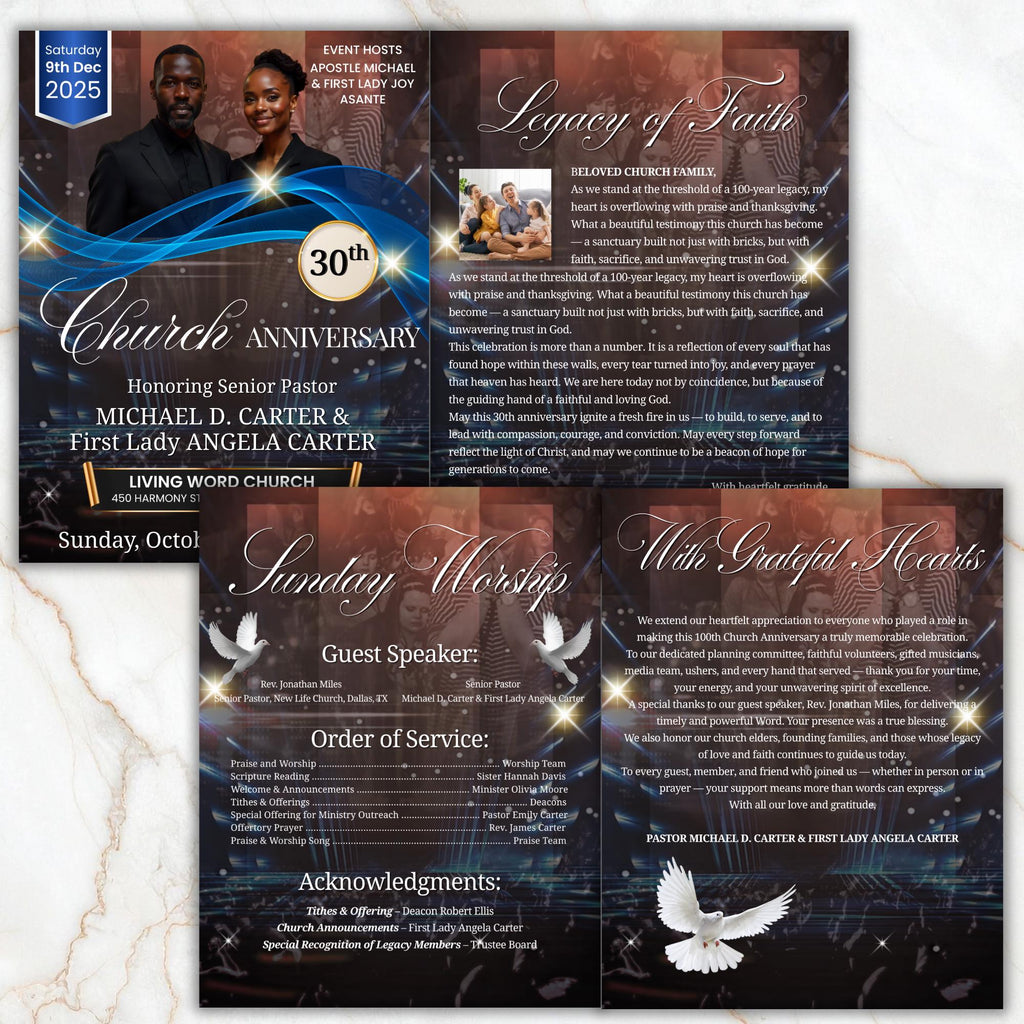 30th Black Church Anniversary Program Template, Editable Bifold 8.5x11” Design, Church Appreciation Program, Anniversary & Faith Celebration - Editable Memorial Canva Template