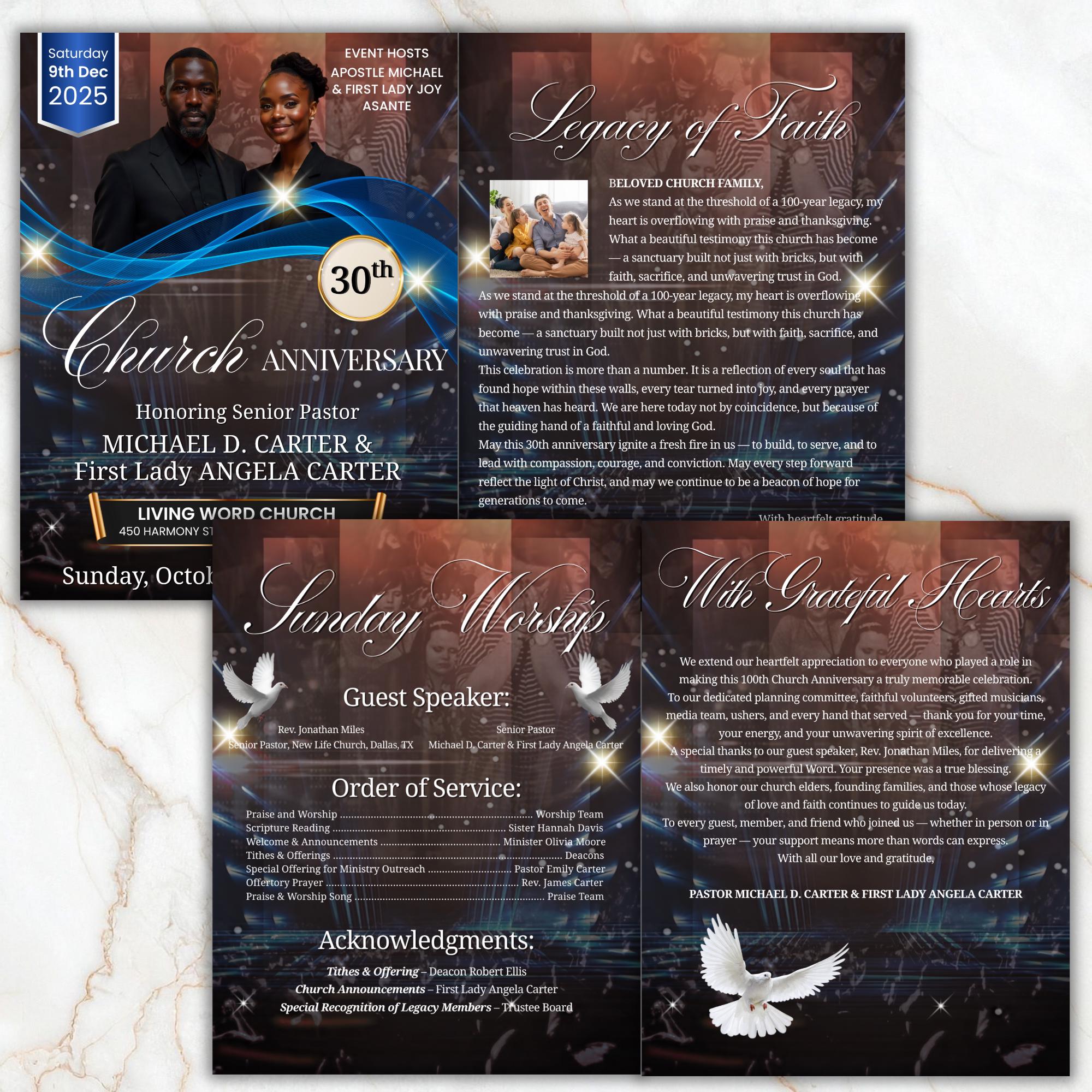 30th Black Church Anniversary Program Template, Editable Bifold 8.5x11” Design, Church Appreciation Program, Anniversary & Faith Celebration - Editable Memorial Canva Template