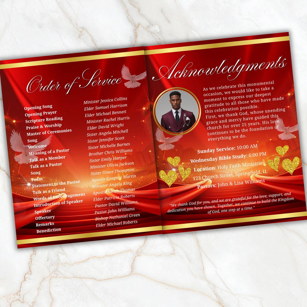 04 Red Pastoral Church Anniversary Program Template, Editable Bifold 8.5x11”, Church Appreciation Program, Anniversary & Faith Celebration - Editable Memorial Canva Template