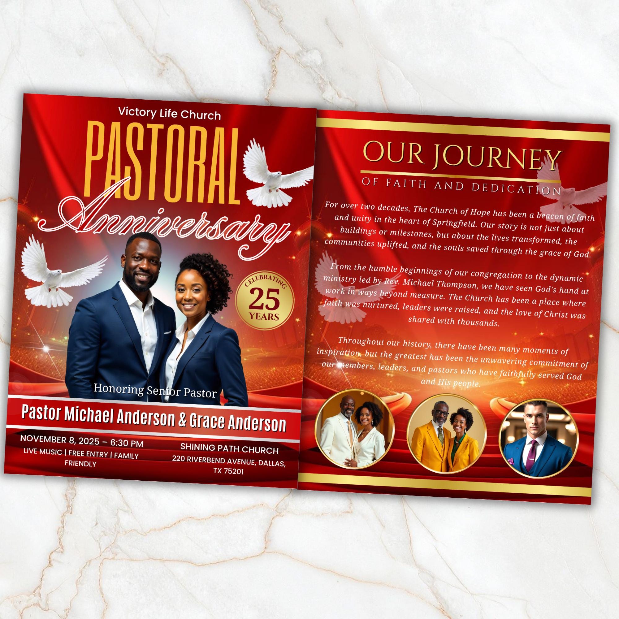 04 Red Pastoral Church Anniversary Program Template, Editable Bifold 8.5x11”, Church Appreciation Program, Anniversary & Faith Celebration - Editable Memorial Canva Template