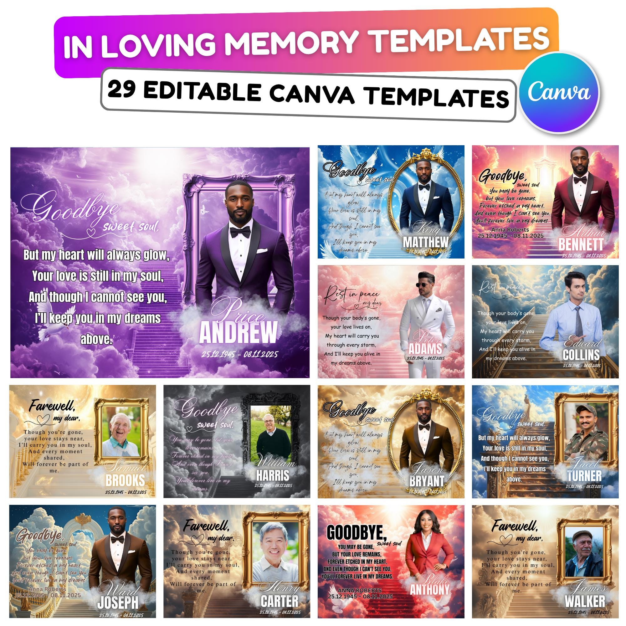29 Memorial Canva Editable Templates, In Loving Memory Template, Funeral & Memorial Designs, Memorial Backgrounds, Rest In Peace - Editable Memorial Canva Template
