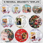10 Memorial Christmas Ornament Bundle Canva Template, Round Christmas in Heaven, Memorial Ornaments Template, Funeral & Celebration - Editable Memorial Canva Template