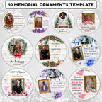 10 Memorial Christmas Ornament Bundle Canva Template, Round Christmas in Heaven, Memorial Ornaments Template, Funeral & Celebration - Editable Memorial Canva Template