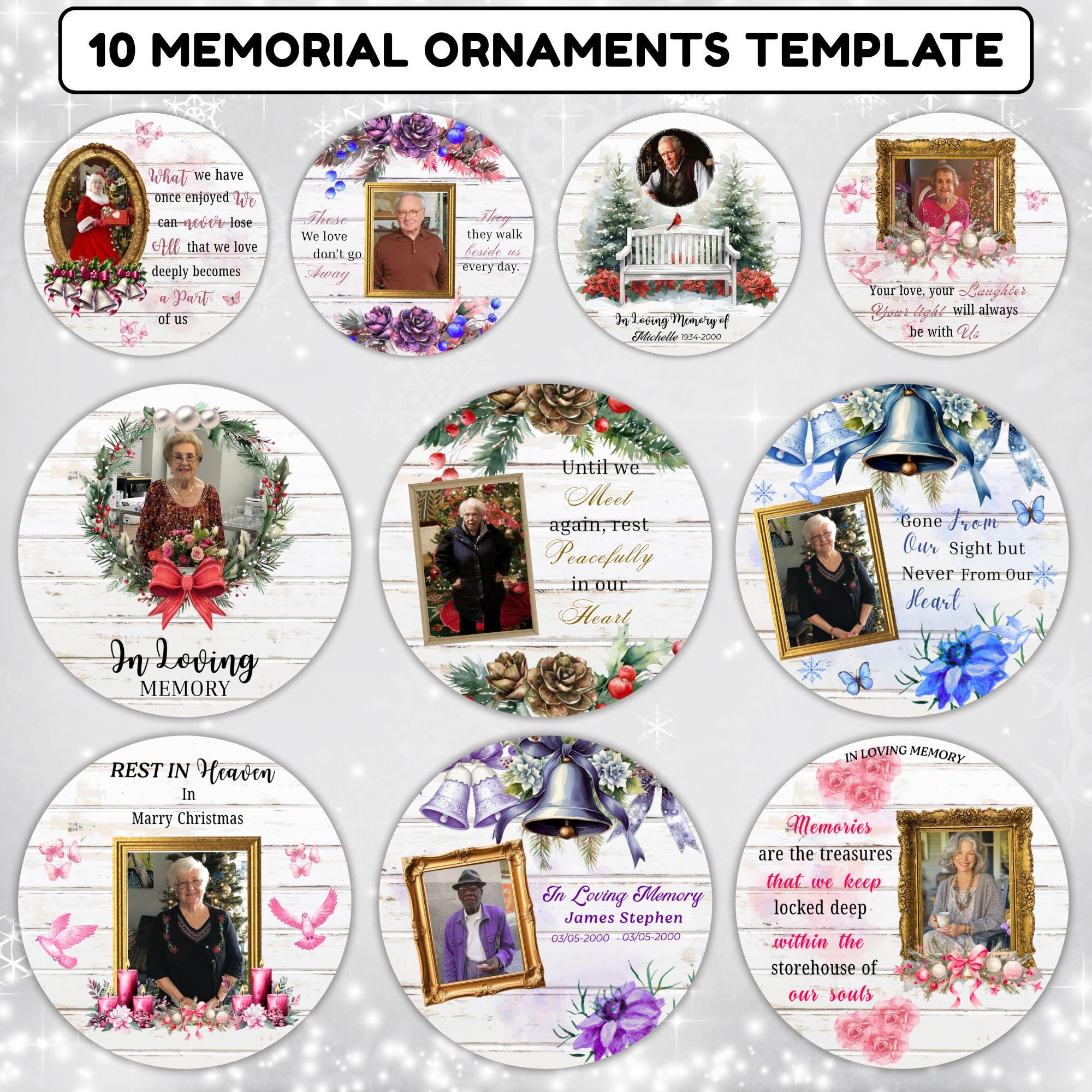 10 Memorial Christmas Ornament Bundle Canva Template, Round Christmas in Heaven, Memorial Ornaments Template, Funeral & Celebration - Editable Memorial Canva Template