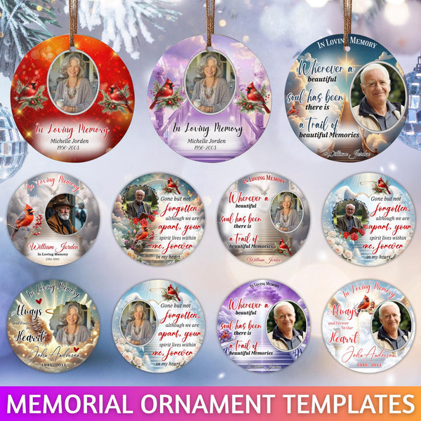 20 Memorial Christmas Ornament Bundle Canva Template, Round Christmas in Heaven, Memorial Ornaments Template, Funeral & Celebration - Editable Memorial Canva Template