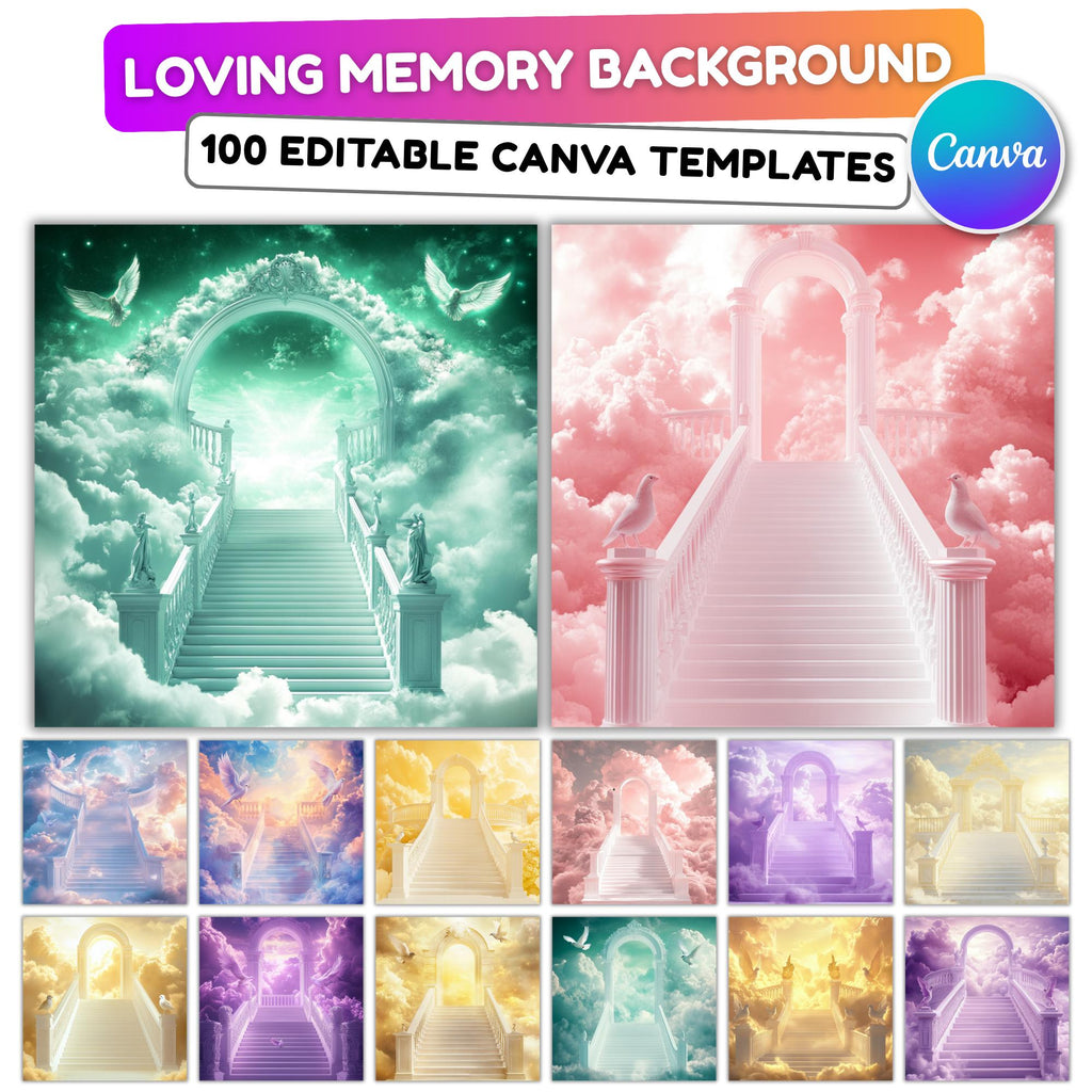 Memorial Heaven Backgrounds Png Bundle, Memorial Backgrounds, In Loving Memory Backgrounds, Heaven Stair Steps & Gate, Rest In Peace - Editable Memorial Canva Template