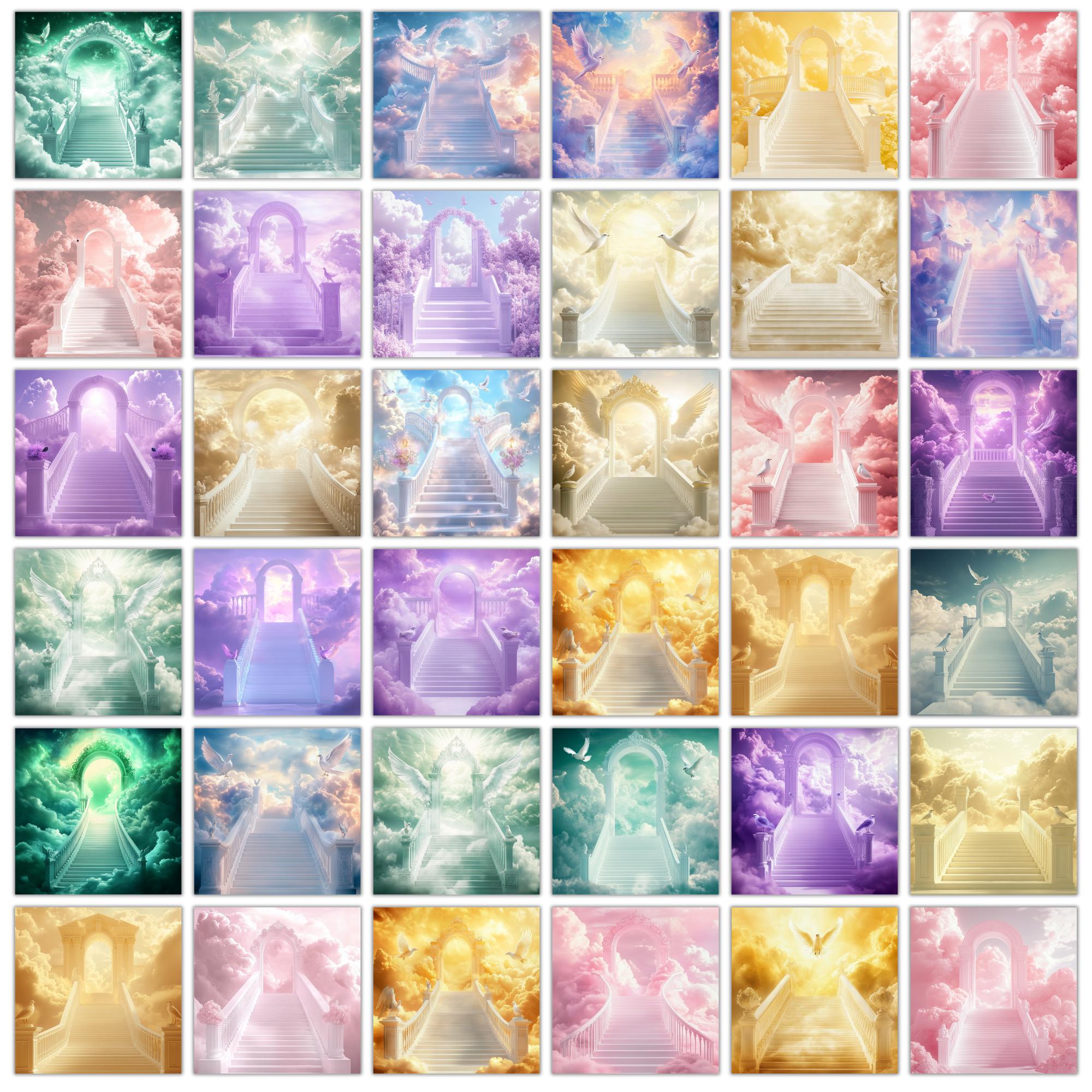 Memorial Heaven Backgrounds Png Bundle, Memorial Backgrounds, In Loving Memory Backgrounds, Heaven Stair Steps & Gate, Rest In Peace - Editable Memorial Canva Template
