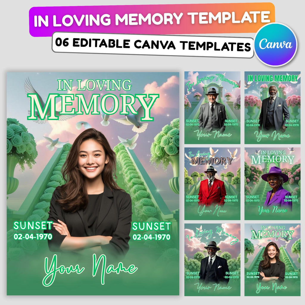 06 Soft Green In Loving Memory Canva Editable Templates, Memorial Canva Template, In Loving Memory Templates, Funeral & Celebration of Life - Editable Memorial Canva Template