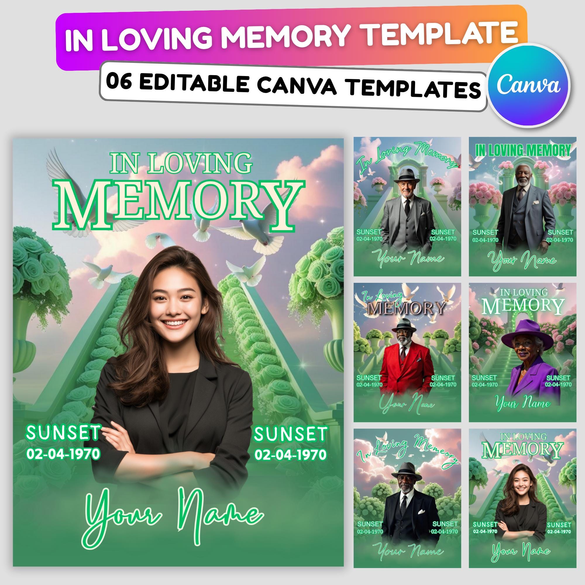06 Soft Green In Loving Memory Canva Editable Templates, Memorial Canva Template, In Loving Memory Templates, Funeral & Celebration of Life - Editable Memorial Canva Template